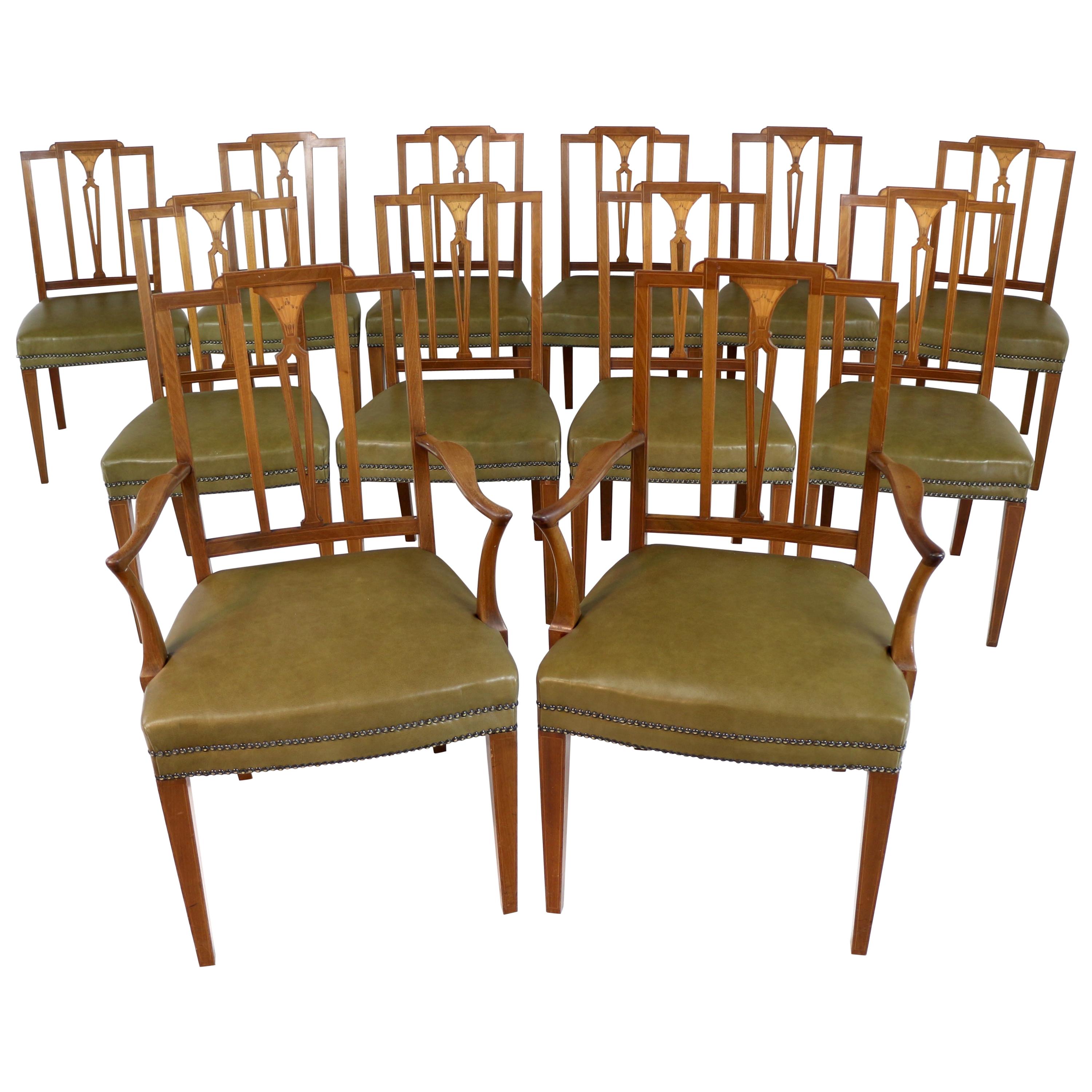 Set of 12 Antique Scottish Sheraton Revival Mahogany Inlaid Dining Chairs