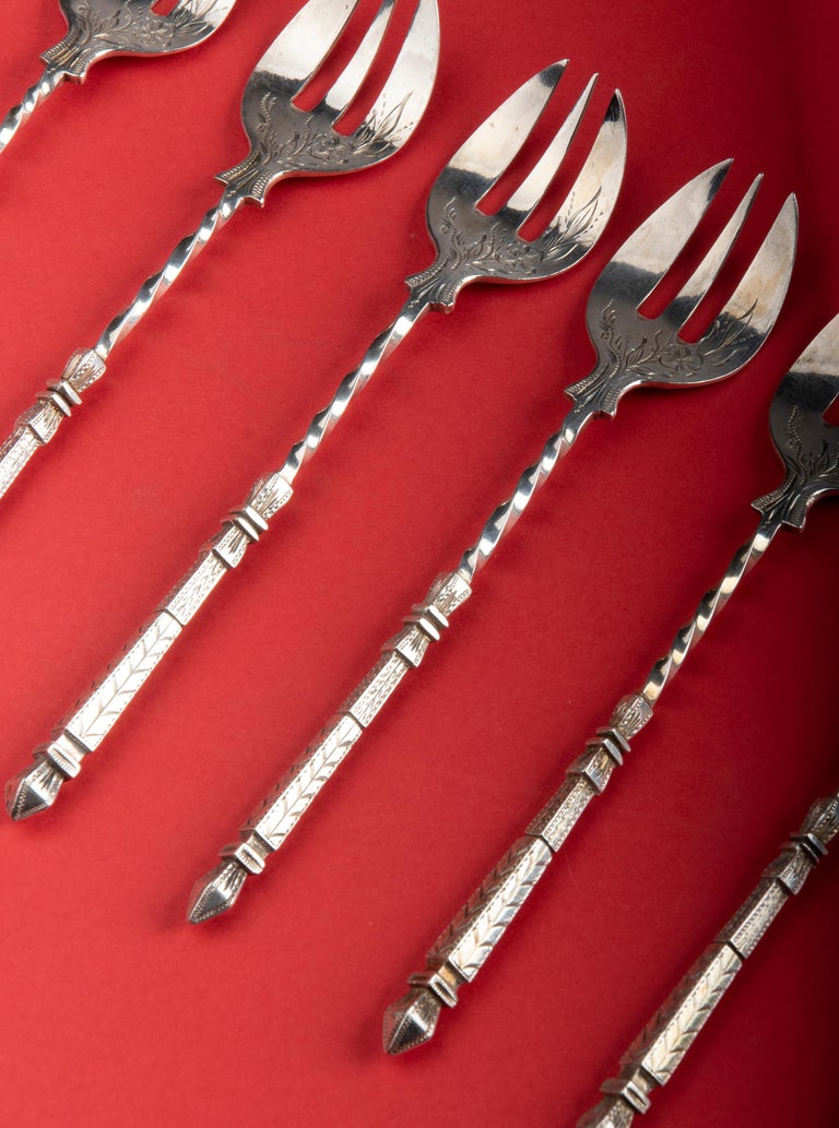 Set of 12 Antique Silver Plated Oyster Forks For Sale at 1stDibs