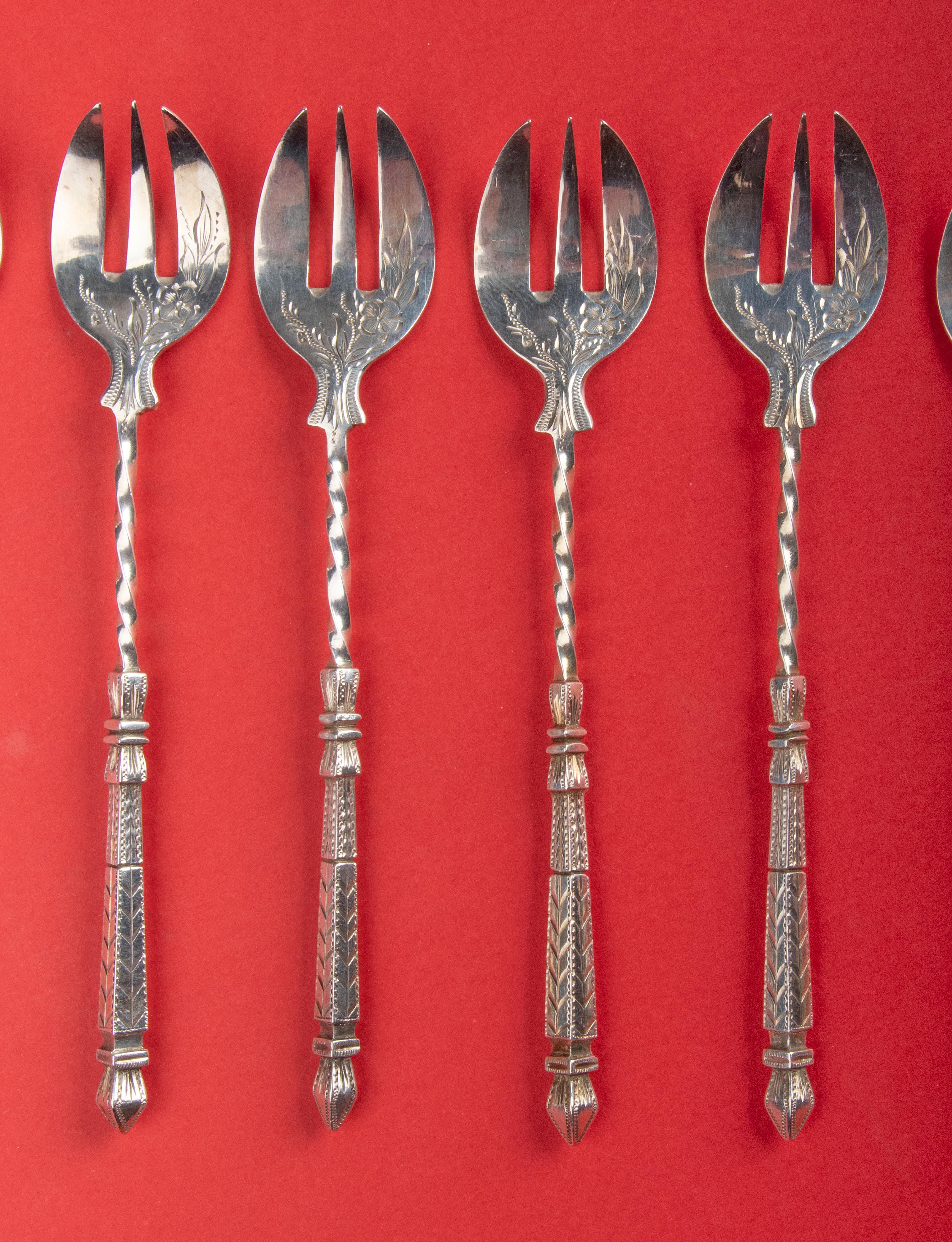 Set of 12 Antique Silver Plated Oyster Forks 8