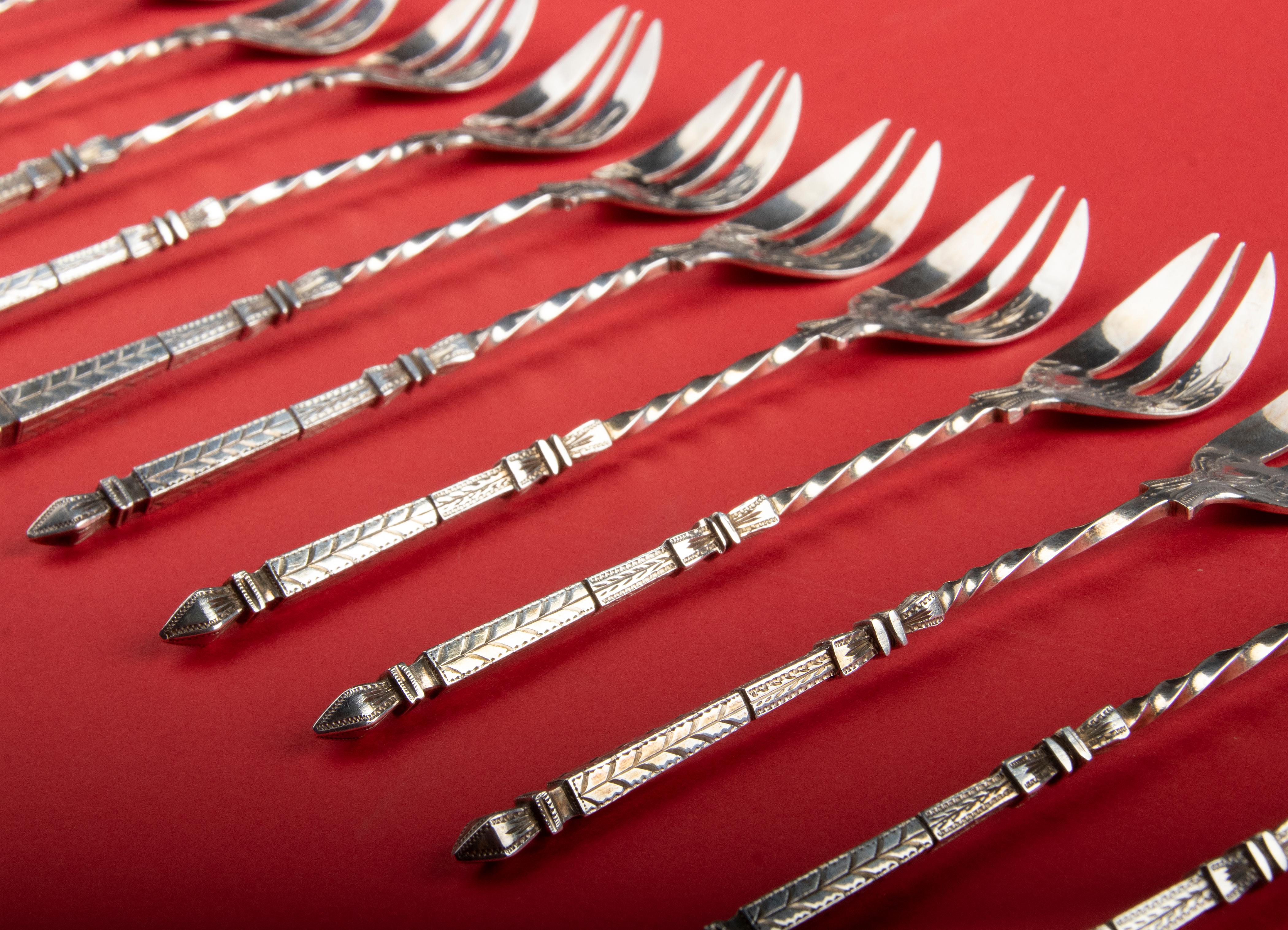 French Set of 12 Antique Silver Plated Oyster Forks