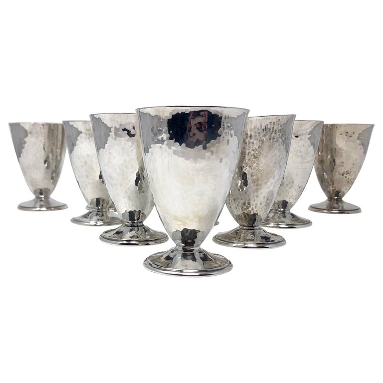 Set of 12 Antique Sterling Silver Hammered Cordial Glasses by Barbour