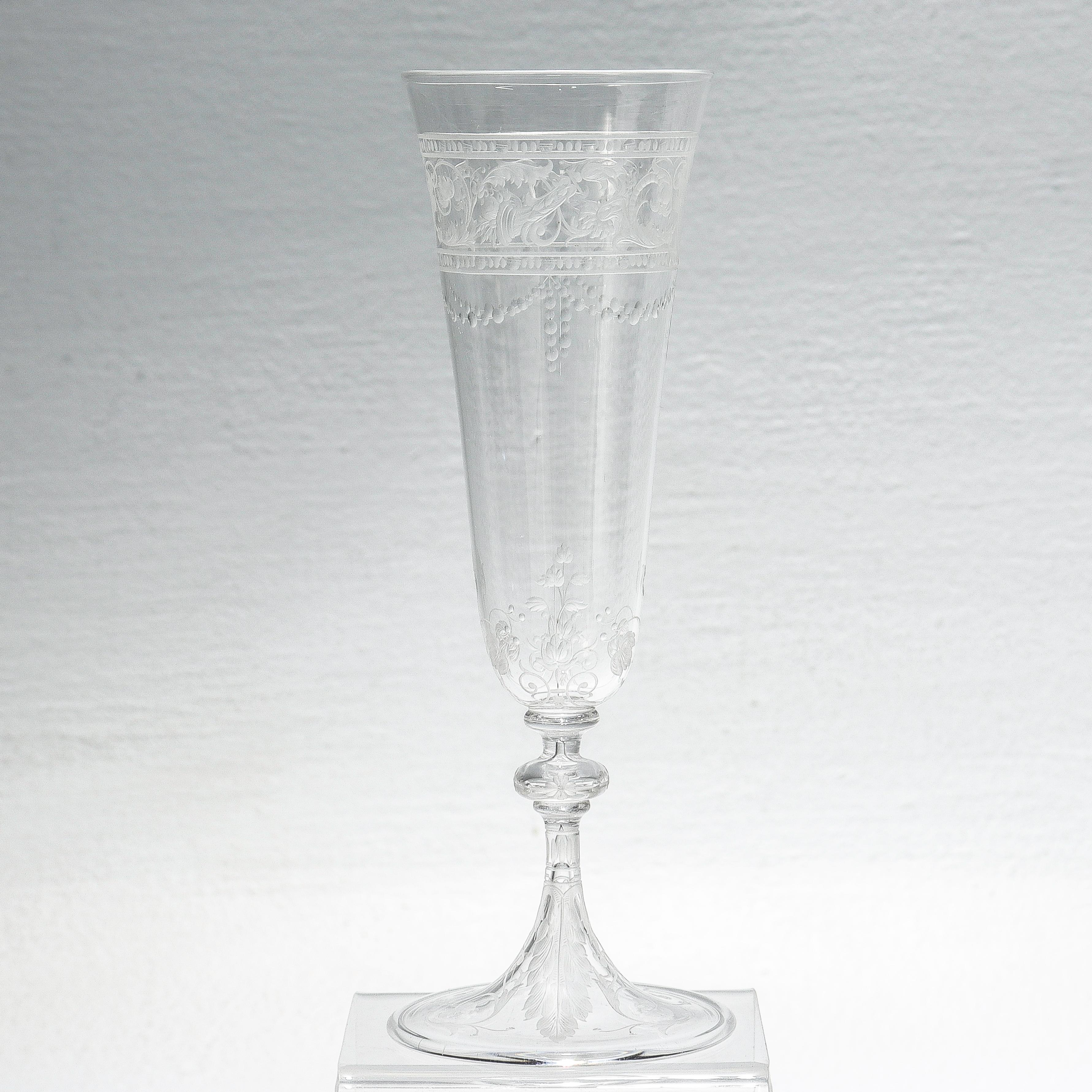 Set of 12 Antique Stourbridge Etched & Engraved Glass Champagne Flutes For Sale 4