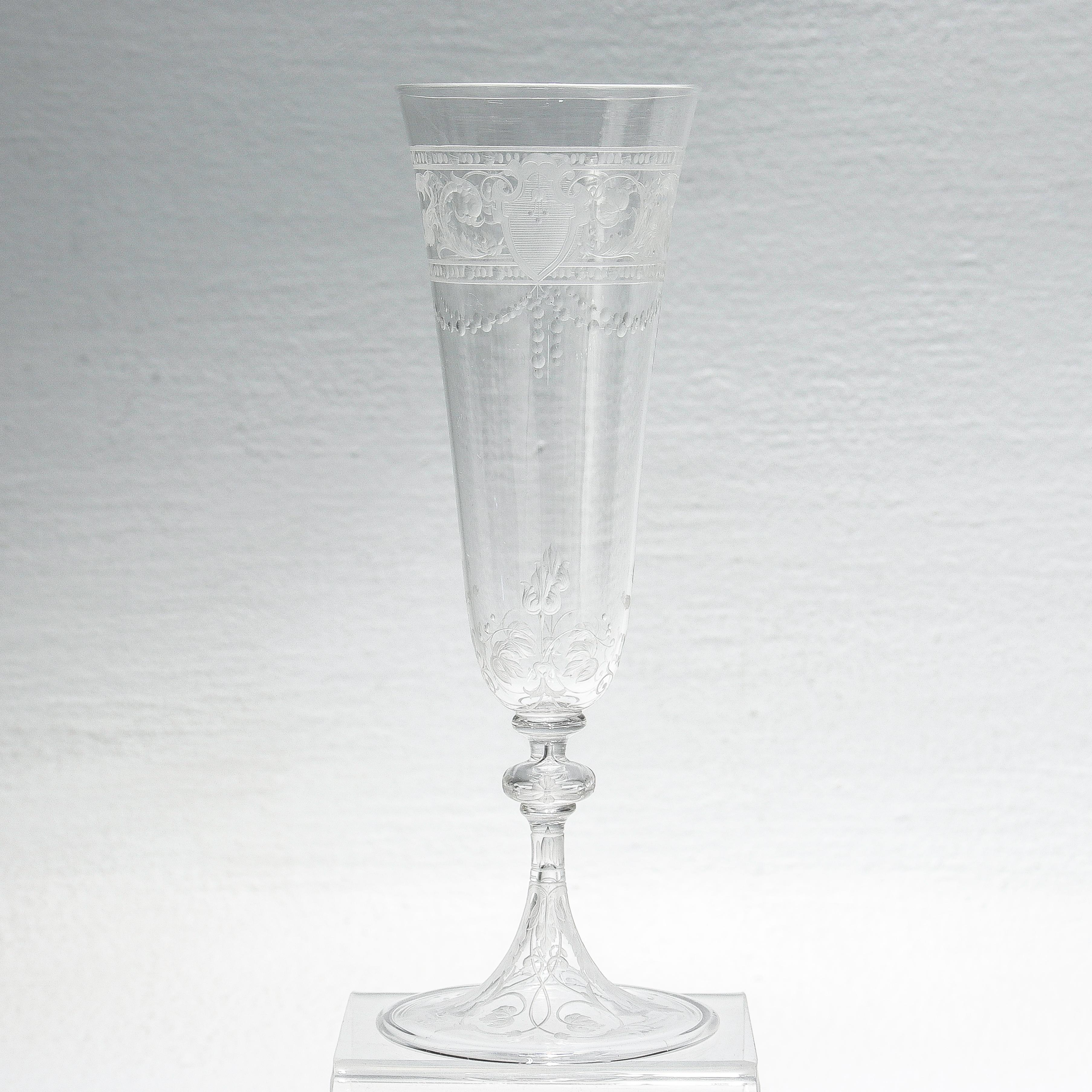 Set of 12 Antique Stourbridge Etched & Engraved Glass Champagne Flutes For Sale 5