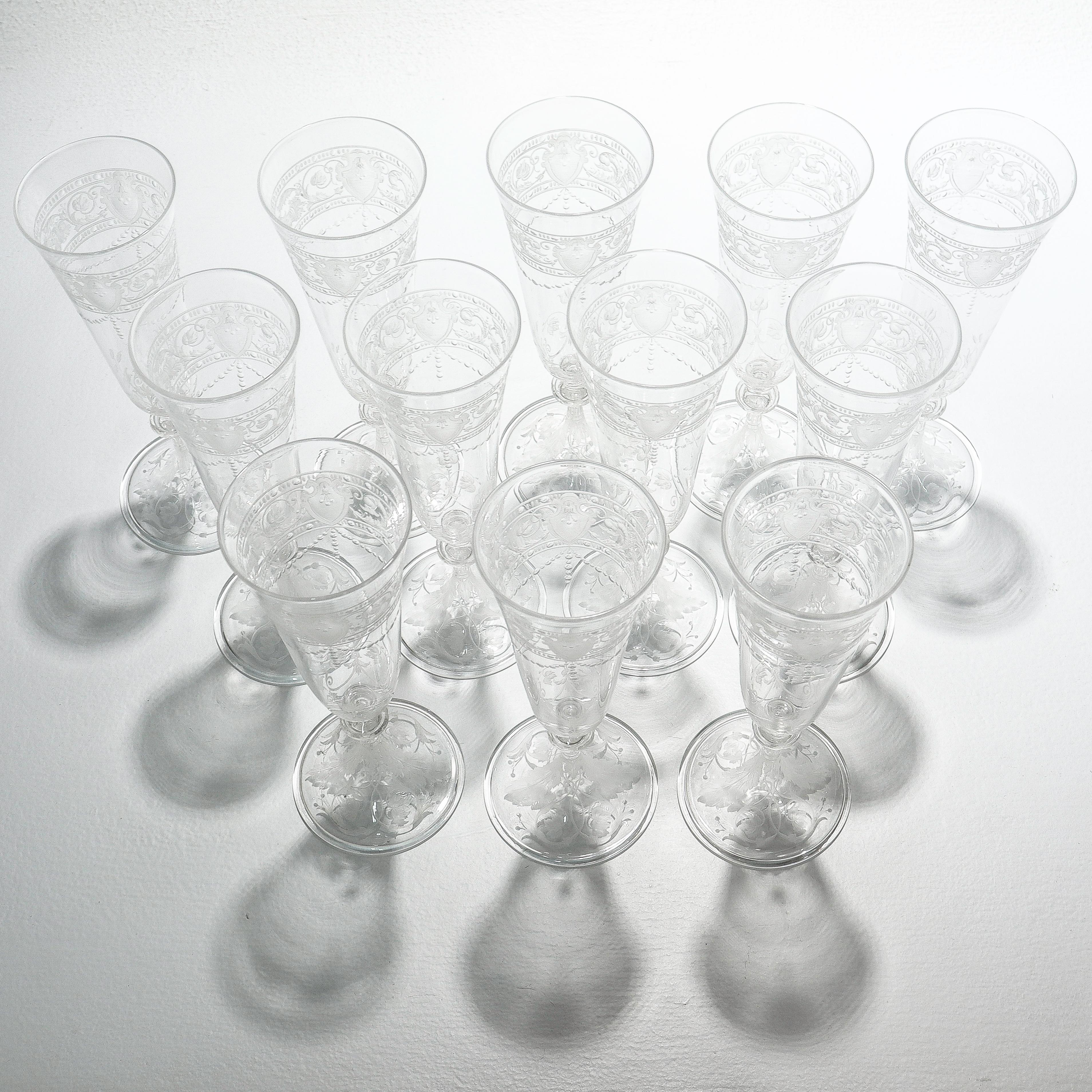 Set of 12 Antique Stourbridge Etched & Engraved Glass Champagne Flutes For Sale 8