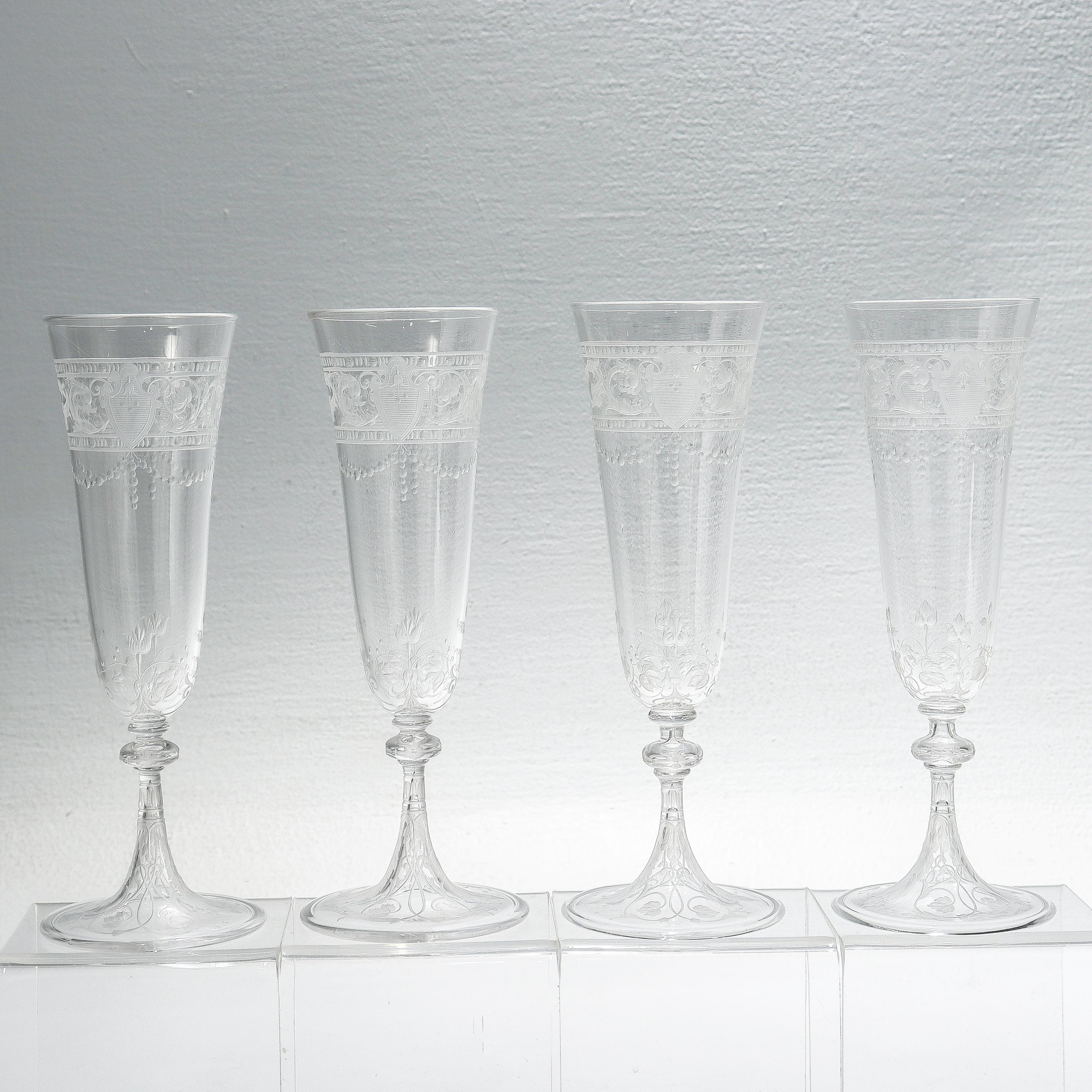Late Victorian Set of 12 Antique Stourbridge Etched & Engraved Glass Champagne Flutes For Sale