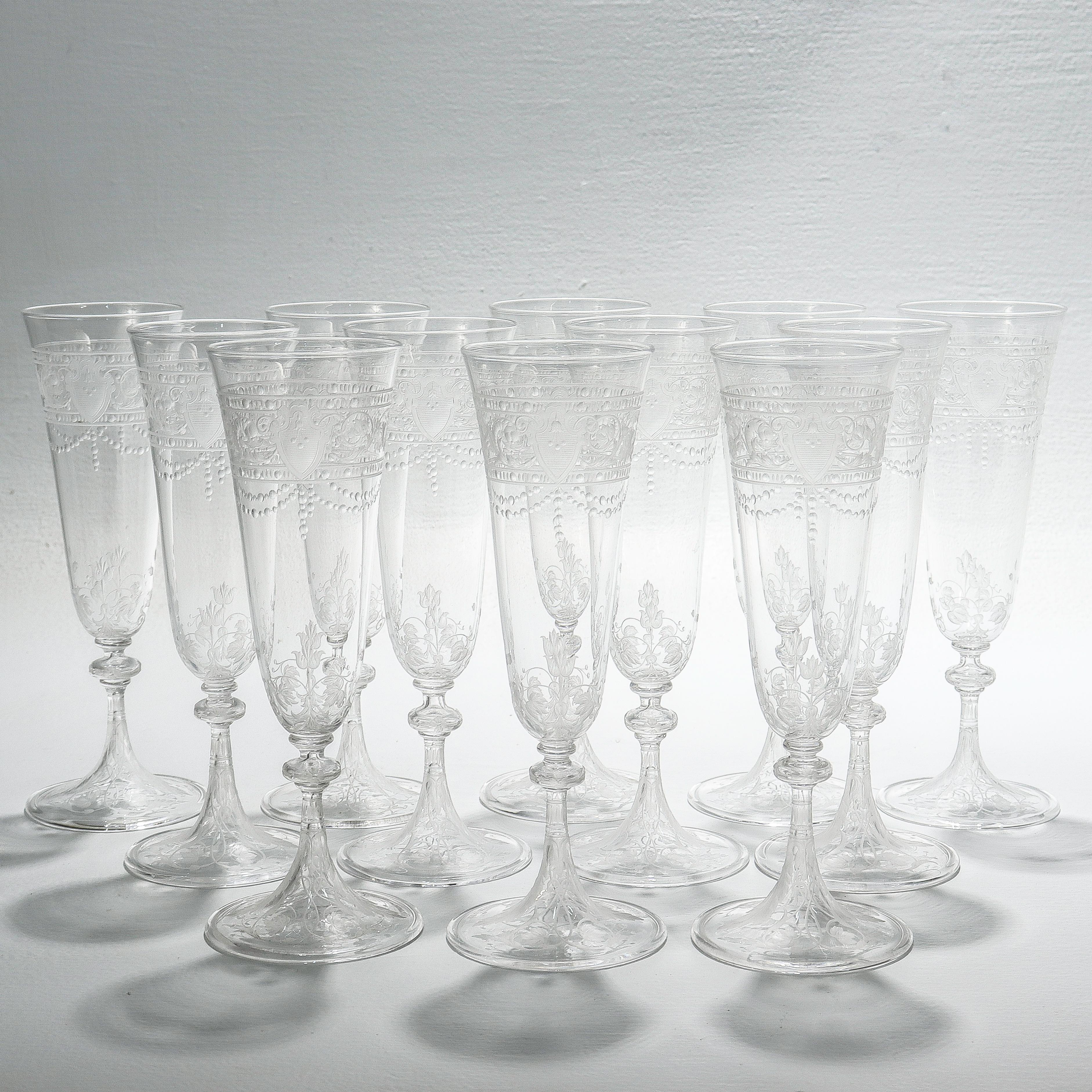 English Set of 12 Antique Stourbridge Etched & Engraved Glass Champagne Flutes For Sale