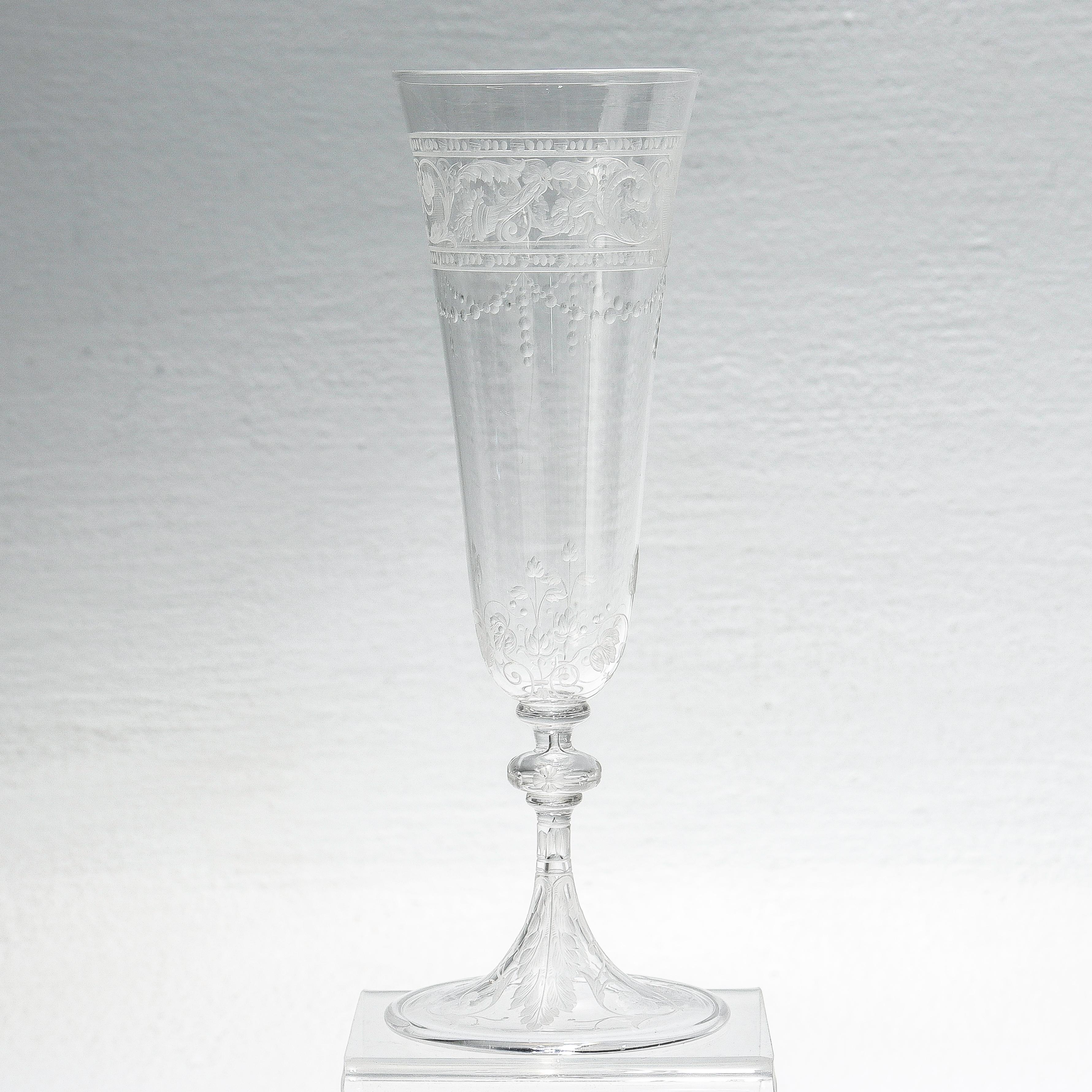 Set of 12 Antique Stourbridge Etched & Engraved Glass Champagne Flutes For Sale 2
