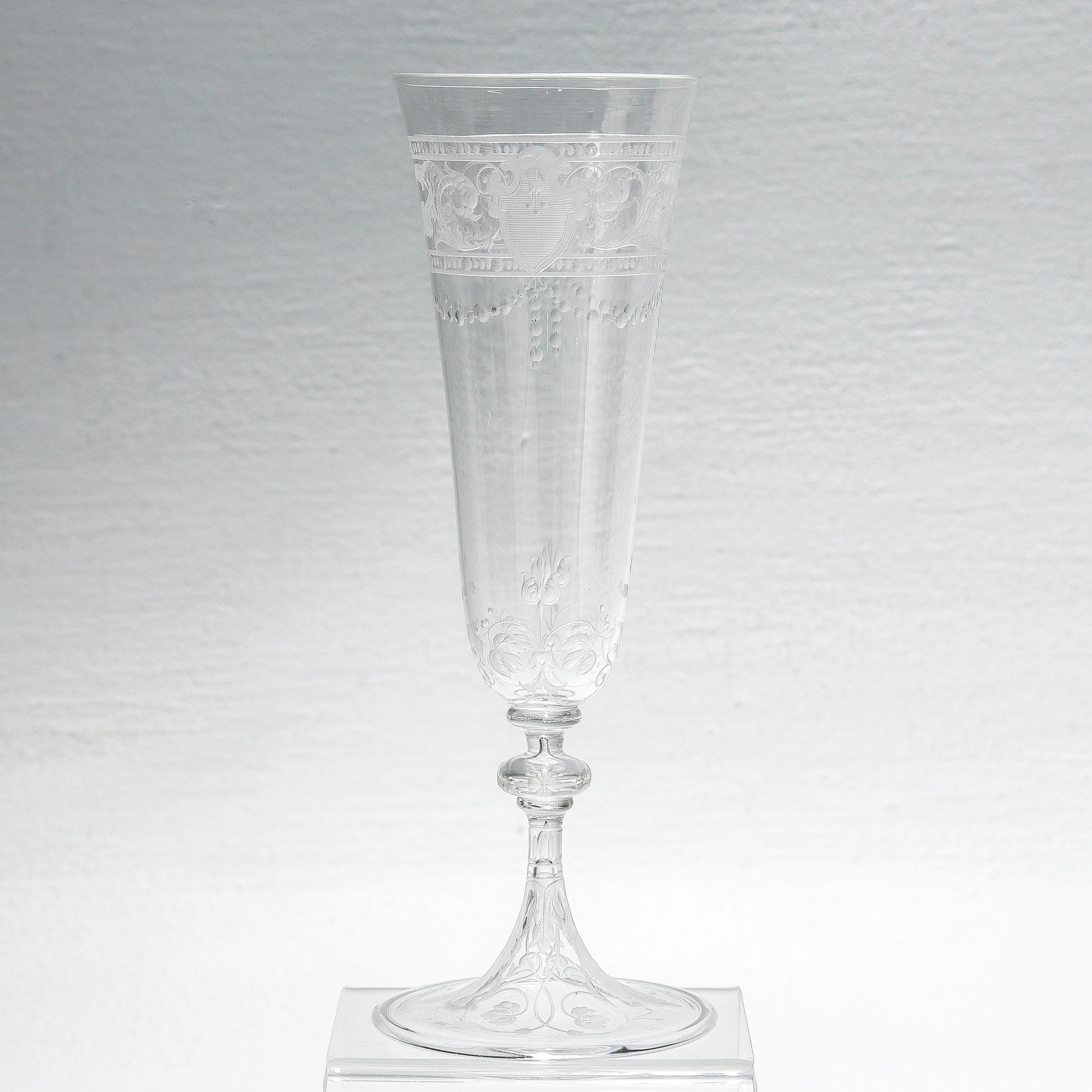 Set of 12 Antique Stourbridge Etched & Engraved Glass Champagne Flutes For Sale 3