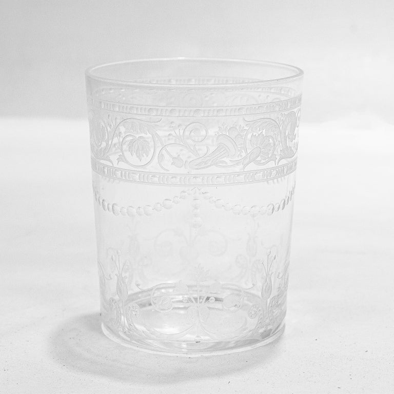 Set of 12 Antique Stourbridge Etched and Engraved Glass Juice Cups For