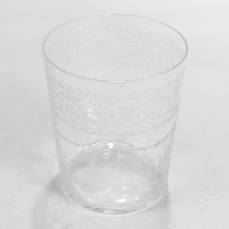Set of 12 Antique Stourbridge Etched and Engraved Glass Juice Cups For