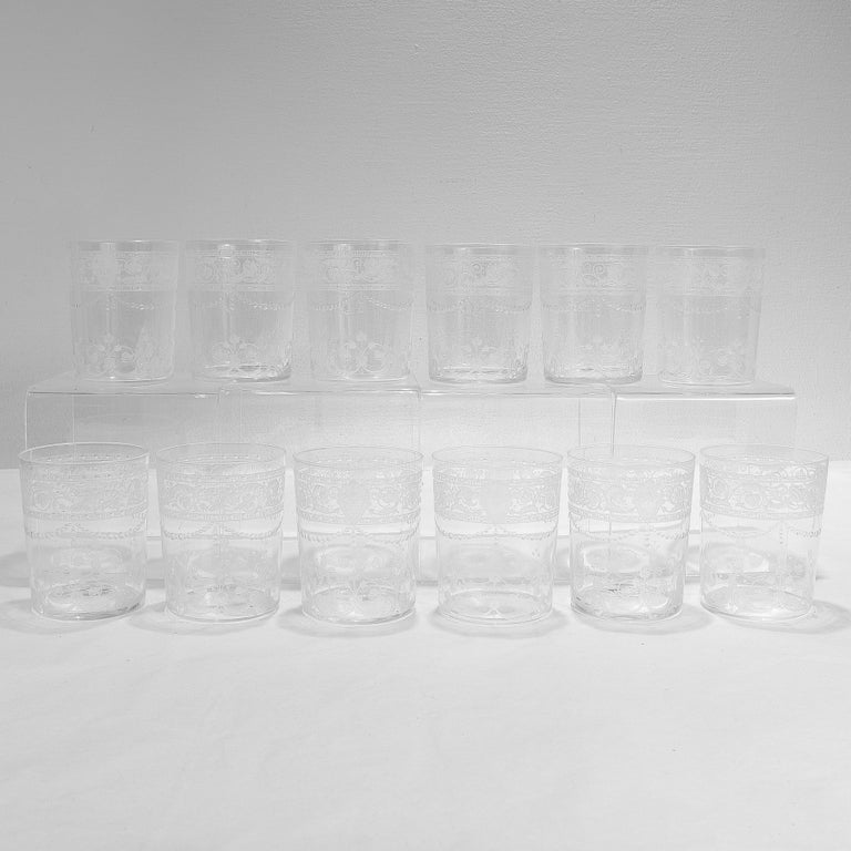 Set of 12 Antique Stourbridge Etched and Engraved Glass Juice Cups For