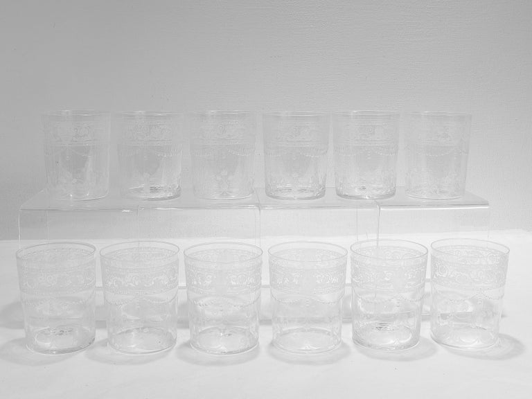 Set of 12 Antique Stourbridge Etched and Engraved Glass Juice Cups For