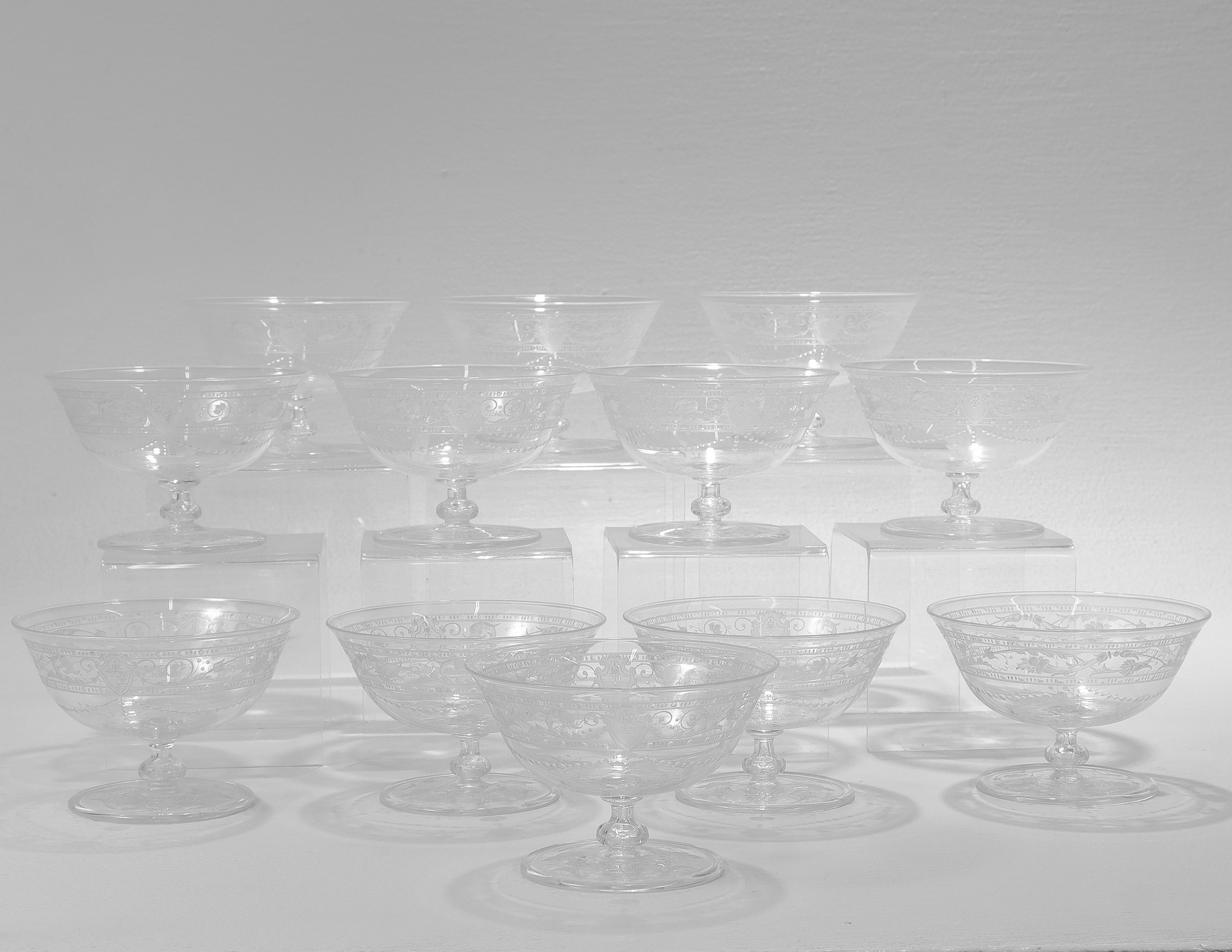 Blown Glass Set of 12 Antique Stourbridge Etched & Engraved Glass Sherbert Bowls For Sale