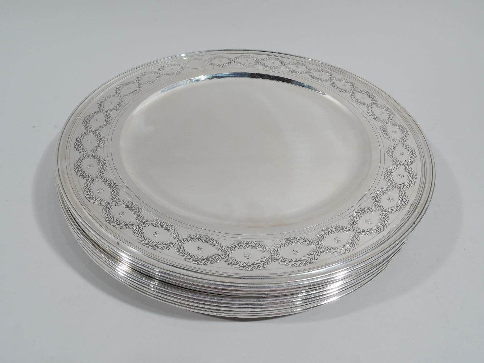 Regency Revival Set of 12 Antique Tiffany Winthrop Sterling Silver Dinner Plates