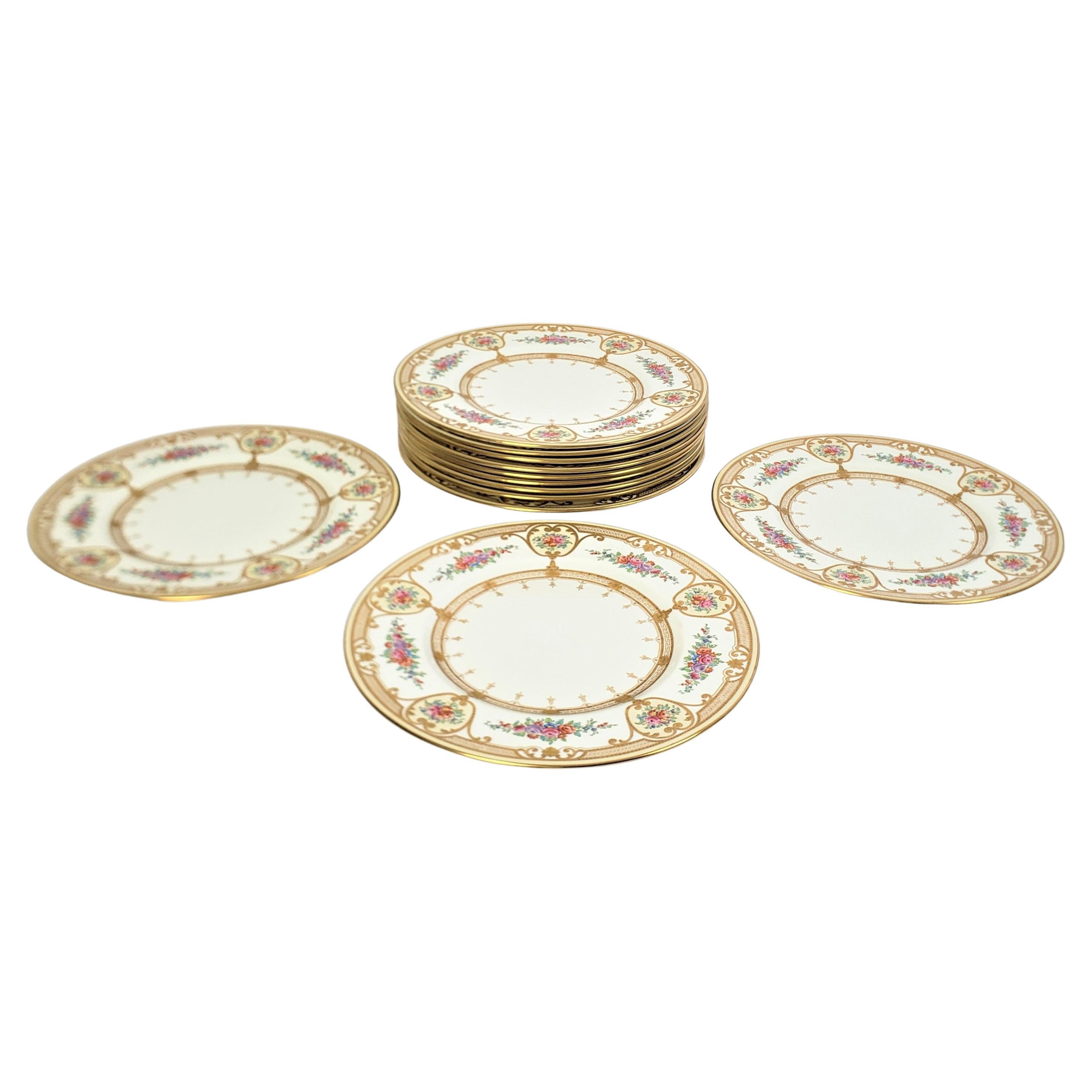 Set of 12 Antique Wedgewood Dinner Plates with Heavy Gilt & Floral Decoration For Sale