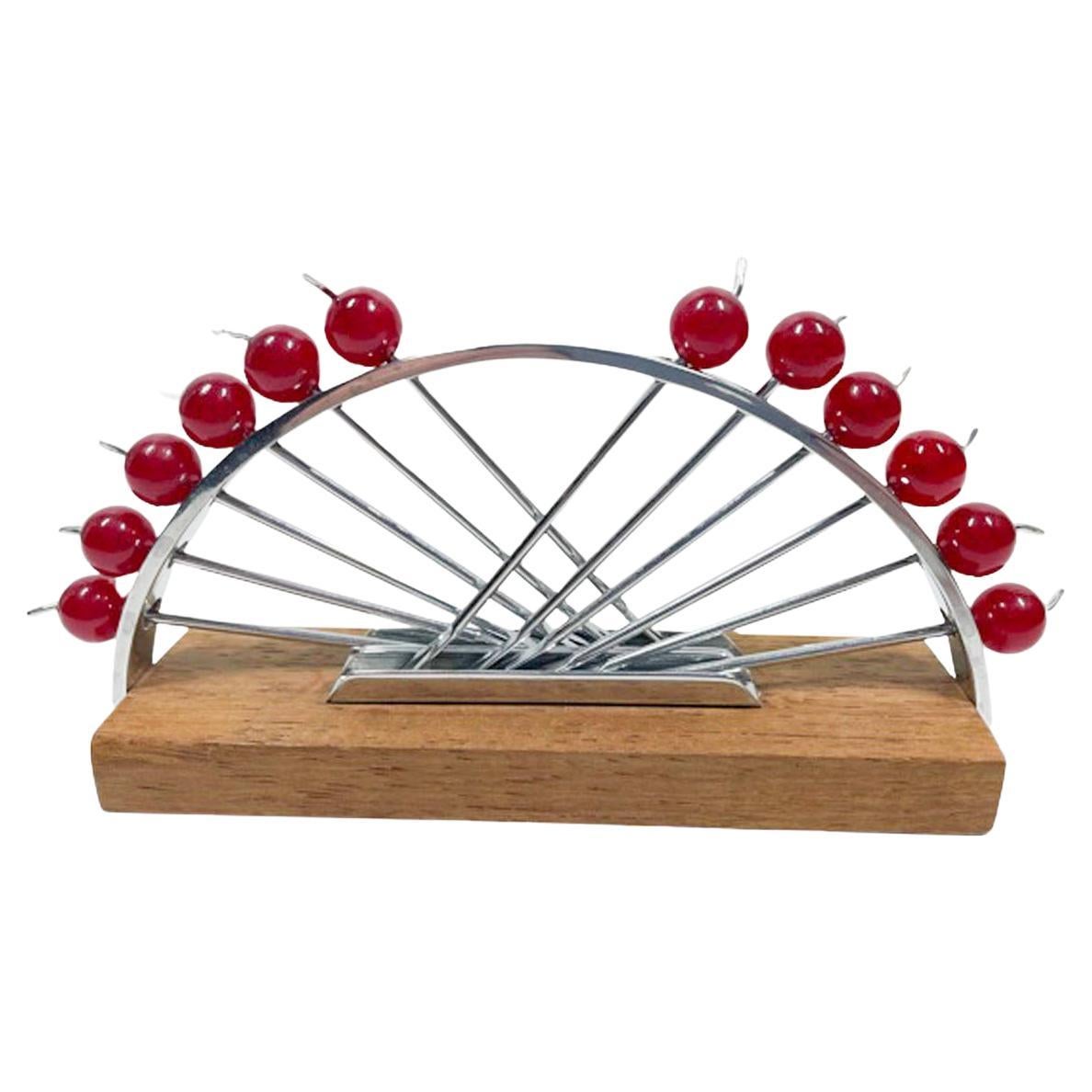 Set of 12 Art Deco Chrome and Lucite Cocktail Picks in an Chromed Arc Stand