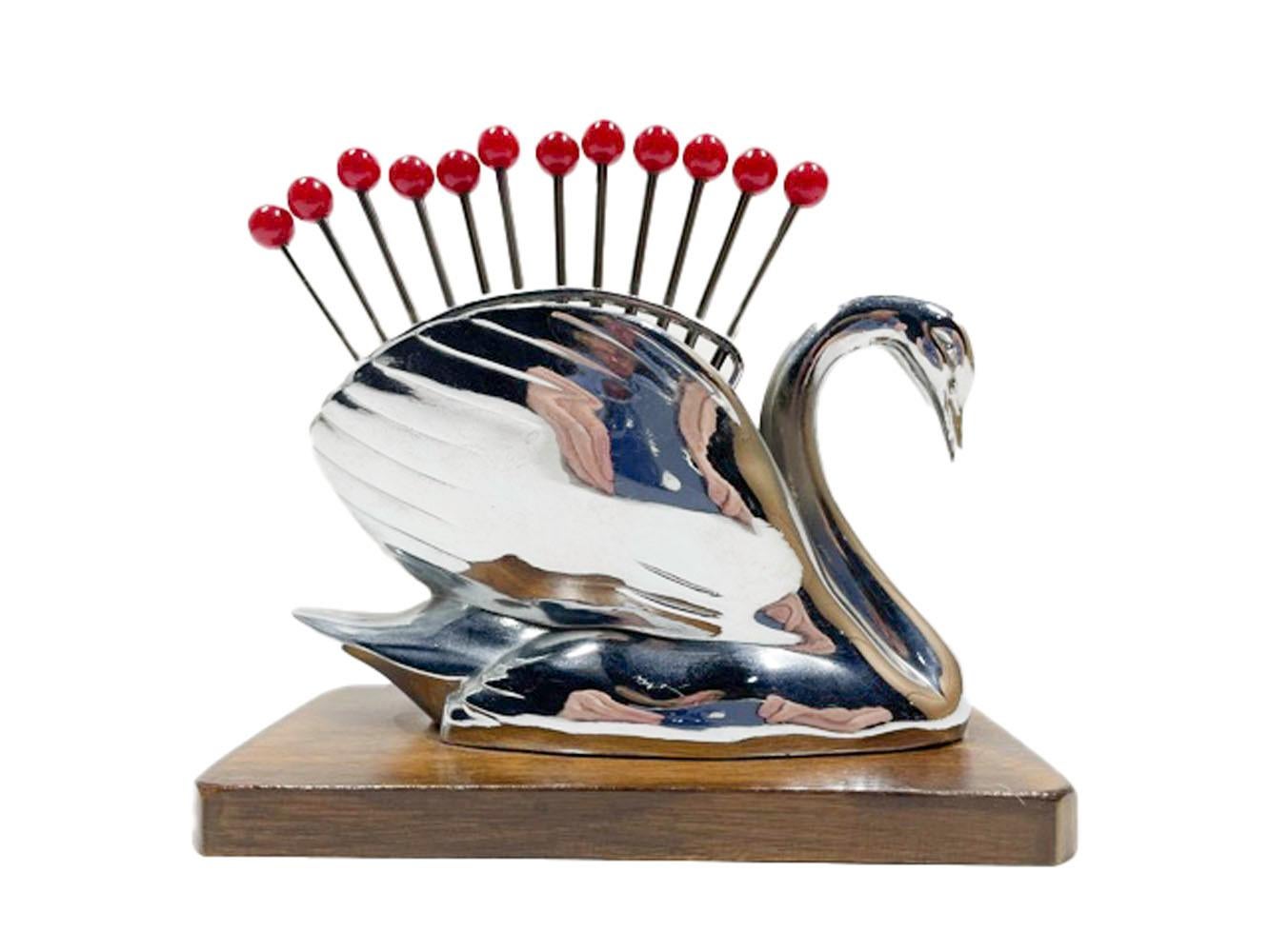 20th Century Set of 12 Art Deco Chrome and Lucite Cocktail Picks in Chromed Swan Holder