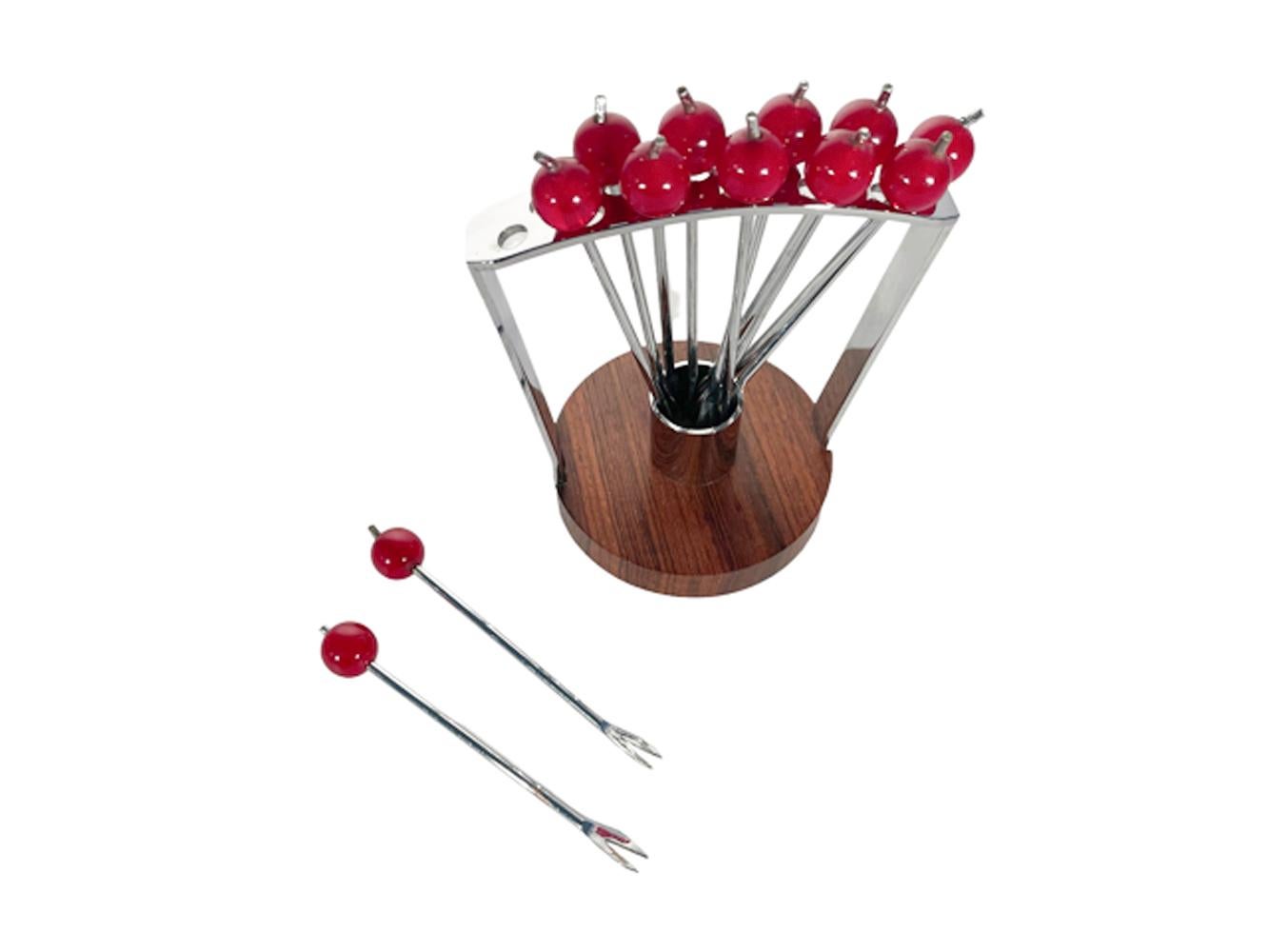 20th Century Set of 12 Art Deco Cocktail Picks in an Arched Chrome Stand with a Wood Base For Sale