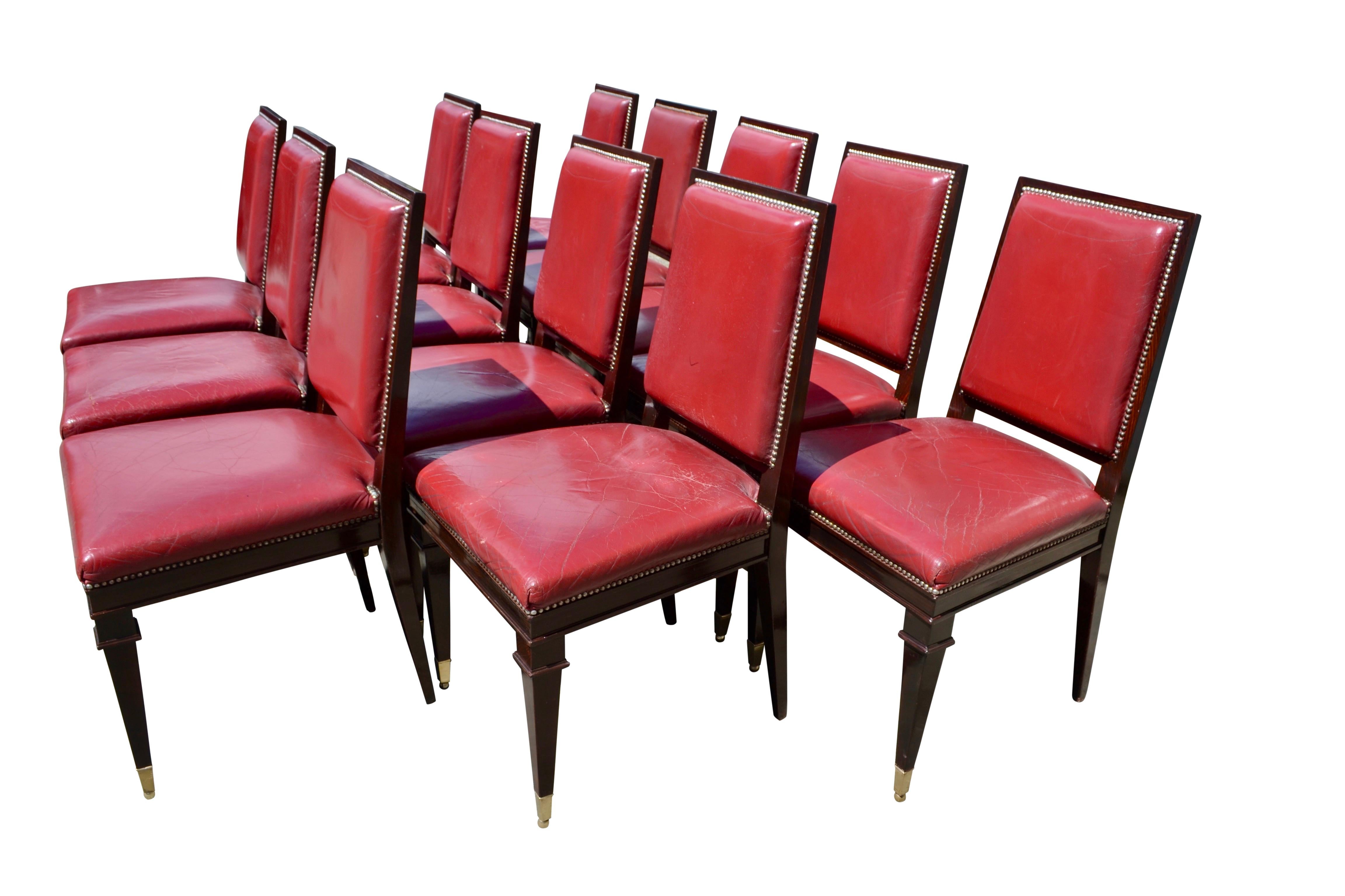 Set of 12 Art Deco Mahogany Framed Red Leather Chairs For Sale 3