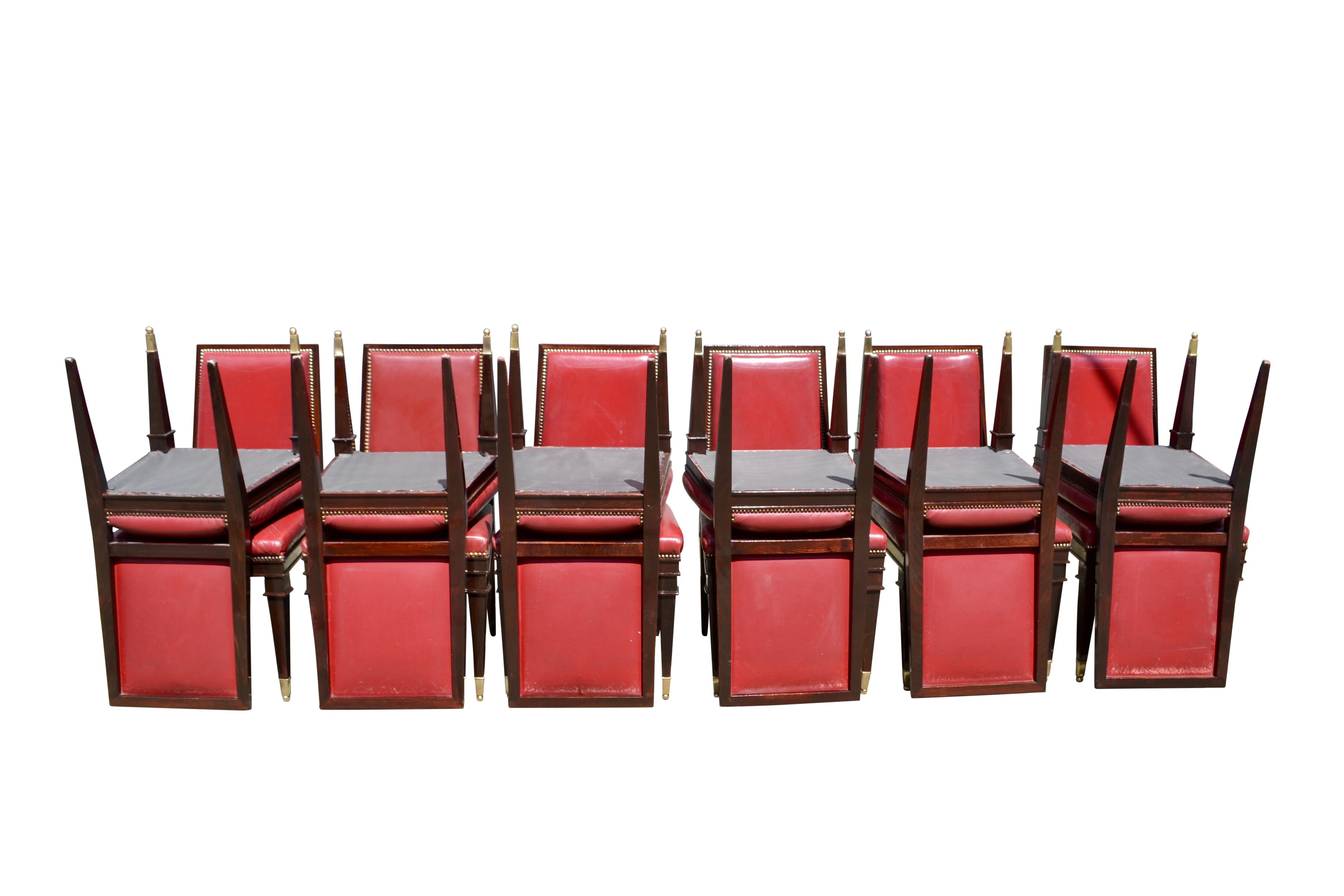 Set of 12 Art Deco Mahogany Framed Red Leather Chairs For Sale 4