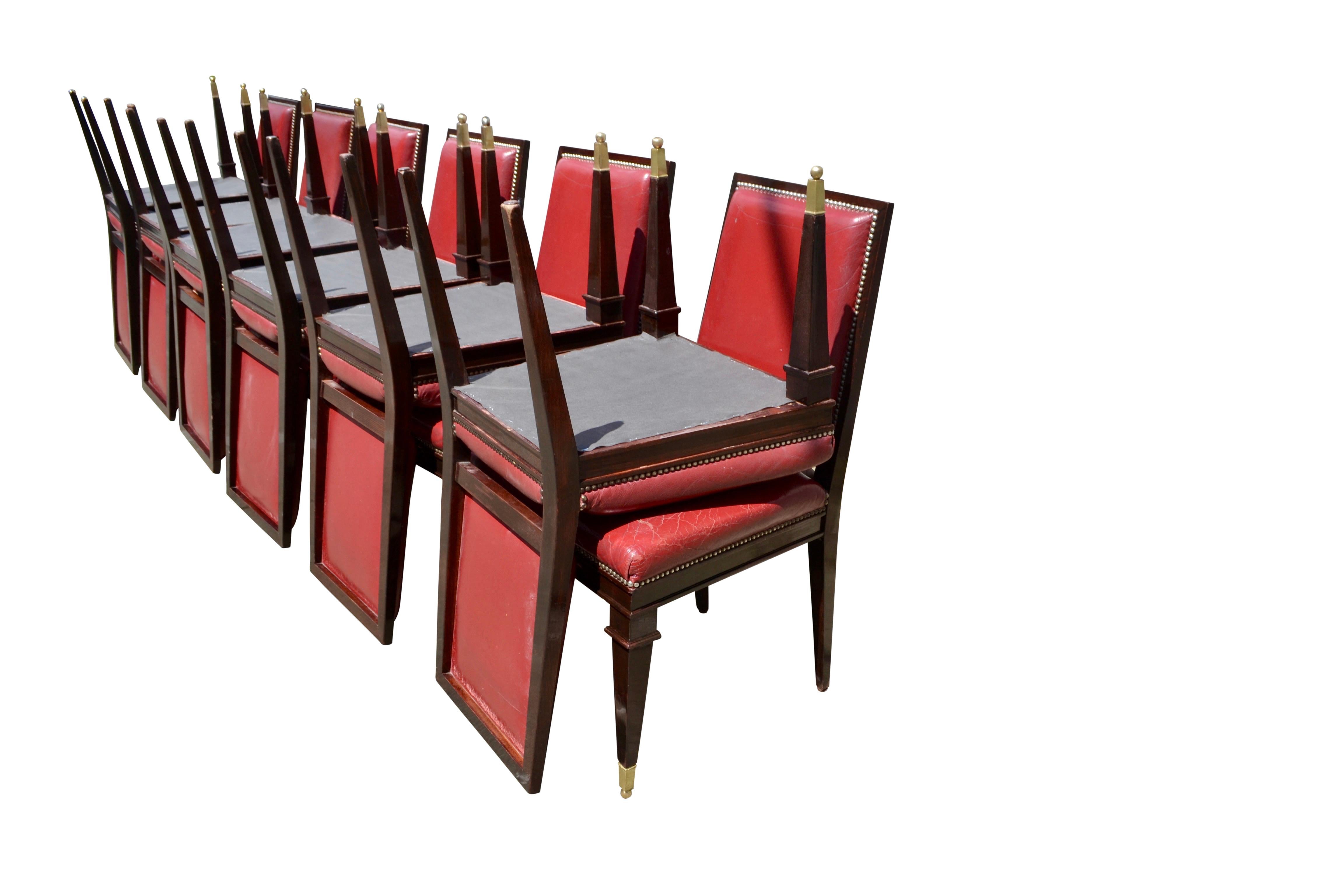 Set of 12 Art Deco Mahogany Framed Red Leather Chairs For Sale 5