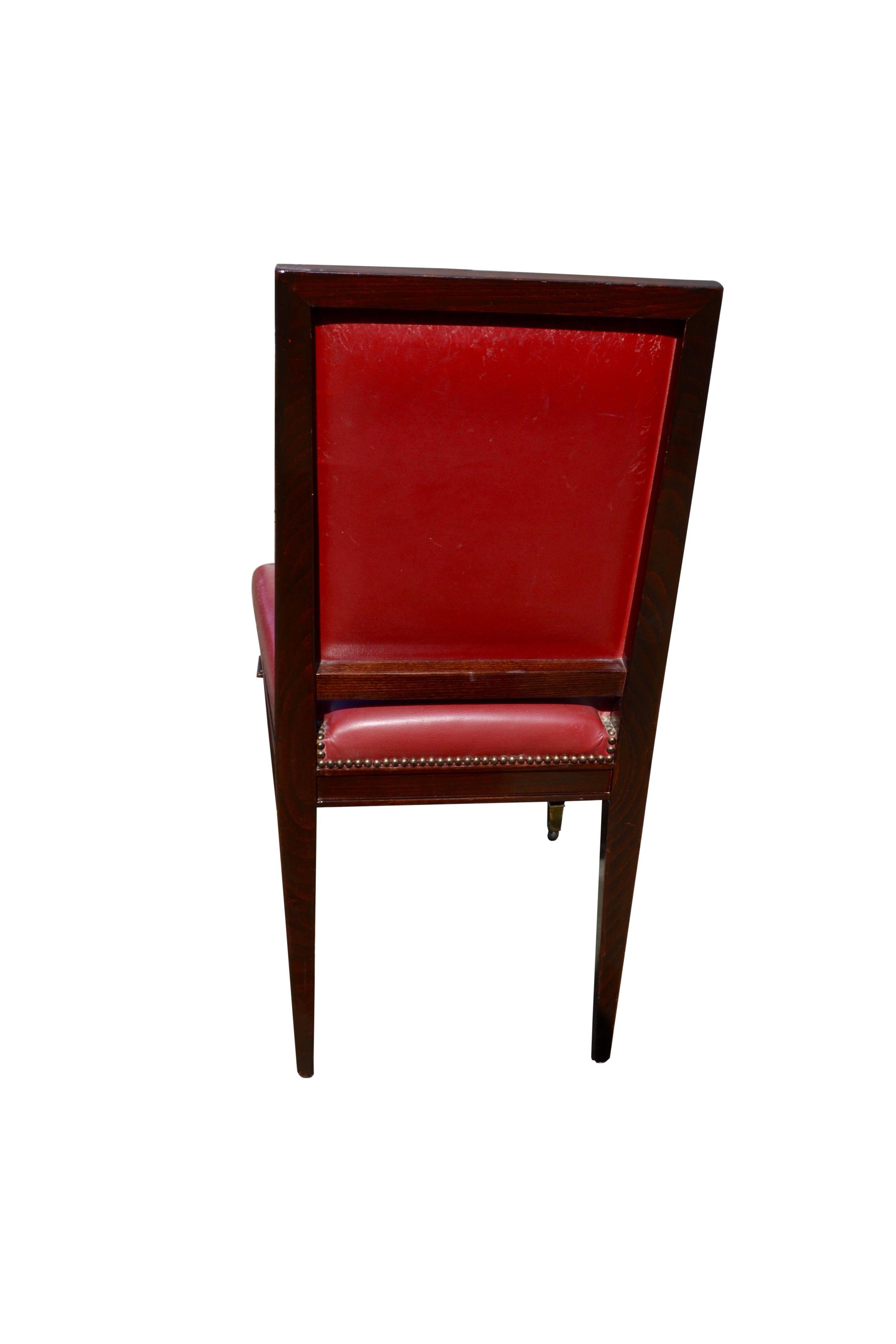 Hand-Crafted Set of 12 Art Deco Mahogany Framed Red Leather Chairs For Sale