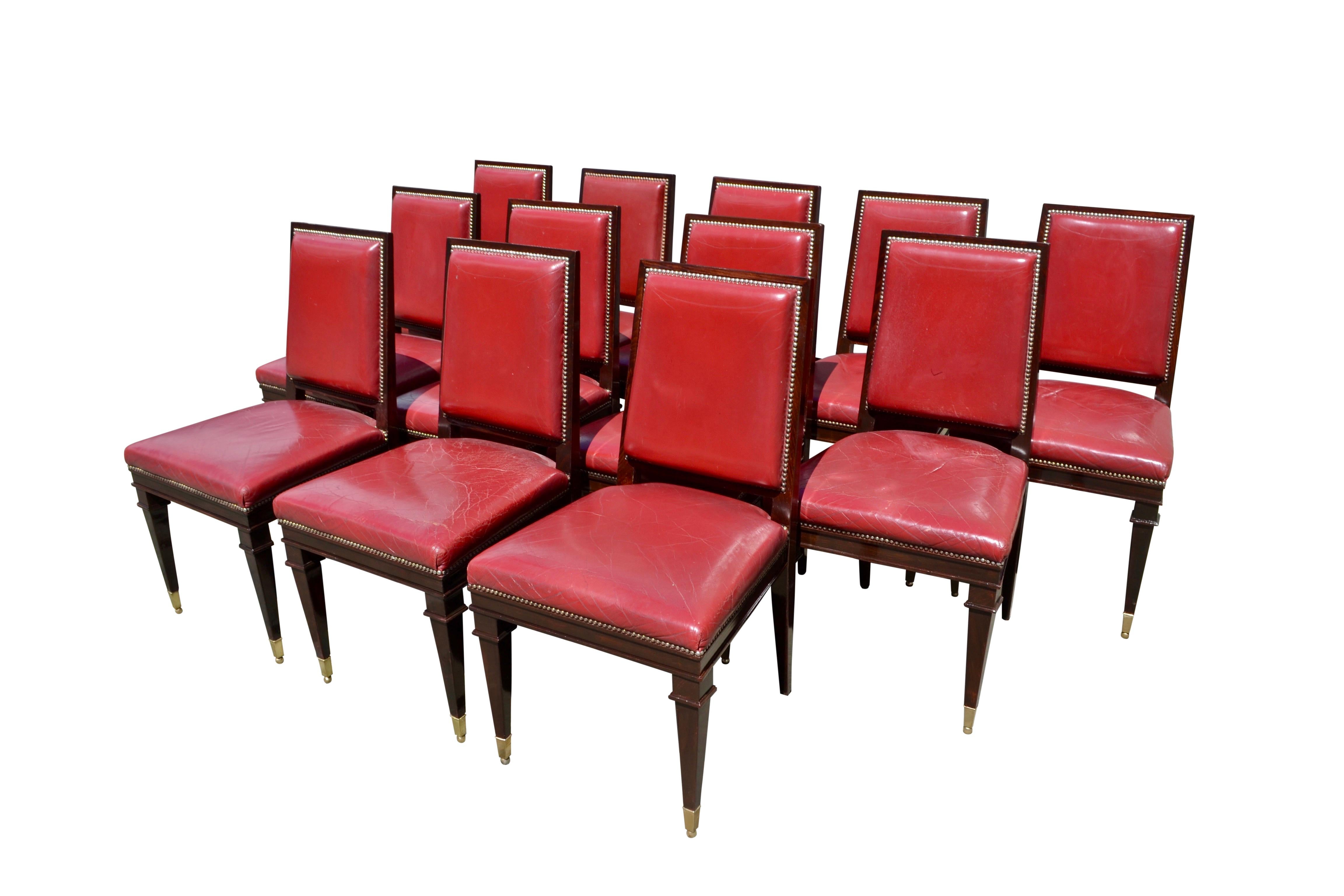 Set of 12 Art Deco Mahogany Framed Red Leather Chairs In Good Condition For Sale In Vancouver, British Columbia