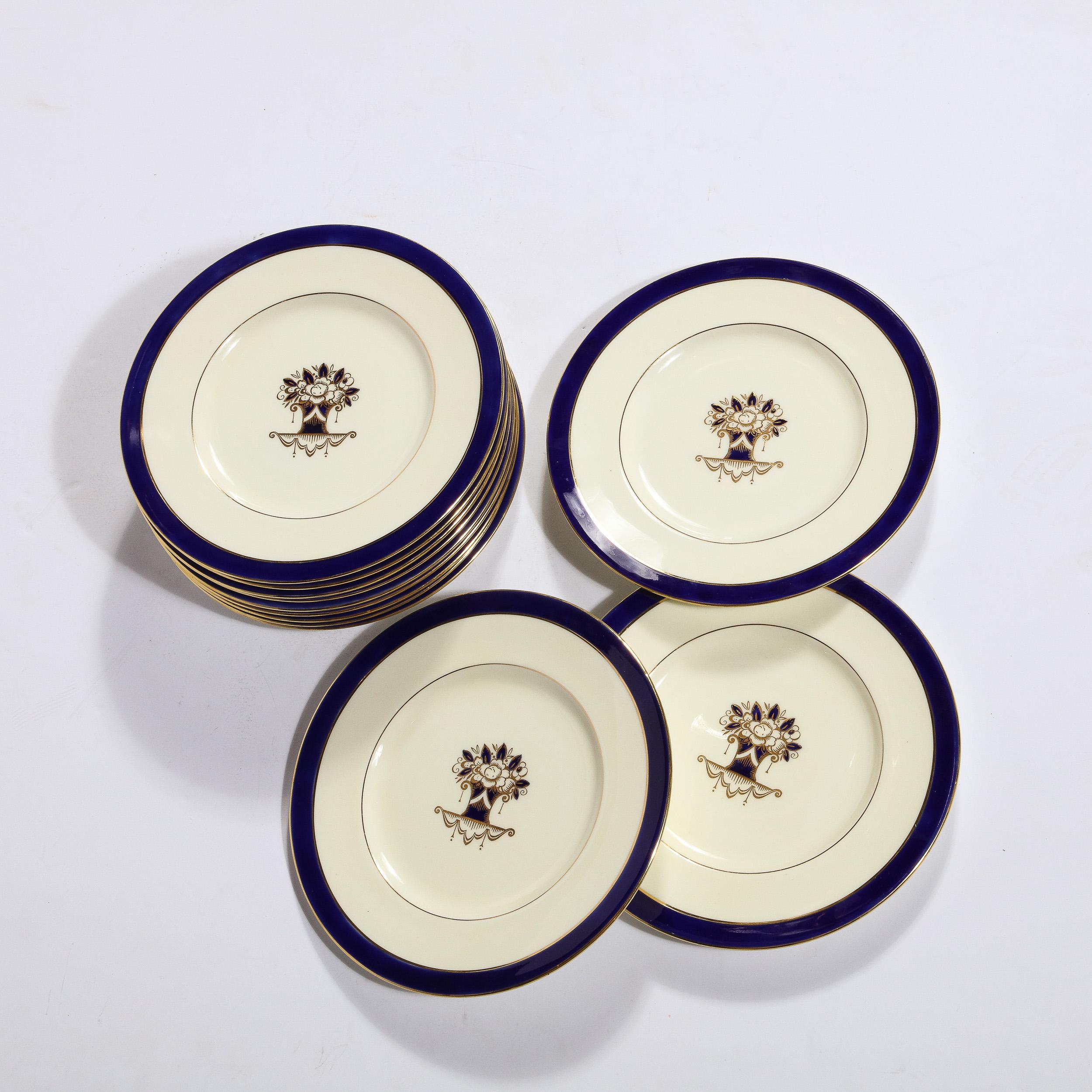 Set of 12 Art Deco Plates w/ Cobalt & 24KT Gold Detailing by Minton for Tiffany In Excellent Condition For Sale In New York, NY