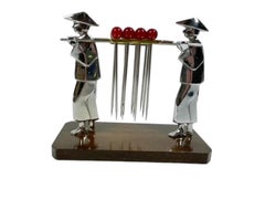 Set of 12 Art Deco Red Ball Top Cocktail Picks in a Chrome and Gold-Tone Holder