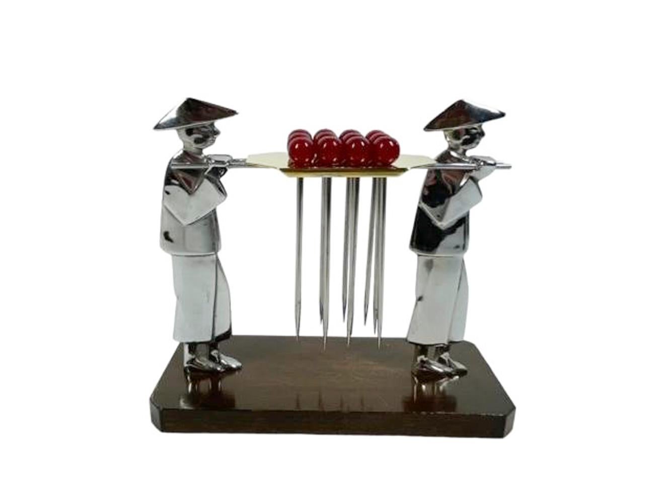 Set of 12 Art Deco Red Ball Top Cocktail Picks in a Chrome and Gold-Tone Holder In Good Condition For Sale In Chapel Hill, NC