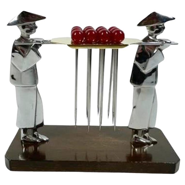 Set of 12 Art Deco Red Ball Top Cocktail Picks in a Chrome and Gold-Tone Holder For Sale
