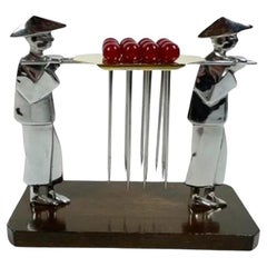 Antique Set of 12 Art Deco Red Ball Top Cocktail Picks in a Chrome and Gold-Tone Holder