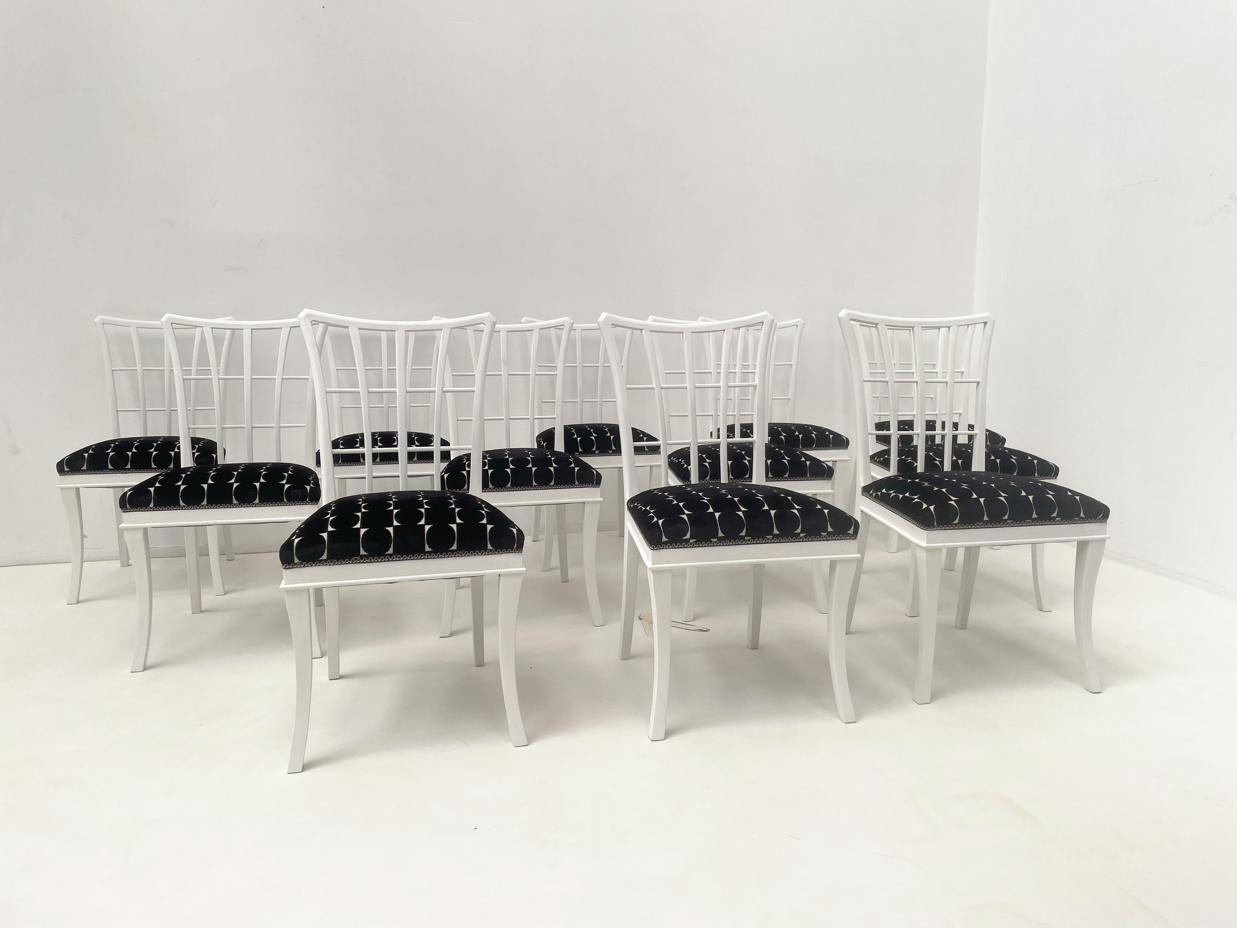 Set of 12 Art Deco Style Chairs, White Wood and Fabric In Good Condition For Sale In Brussels, BE