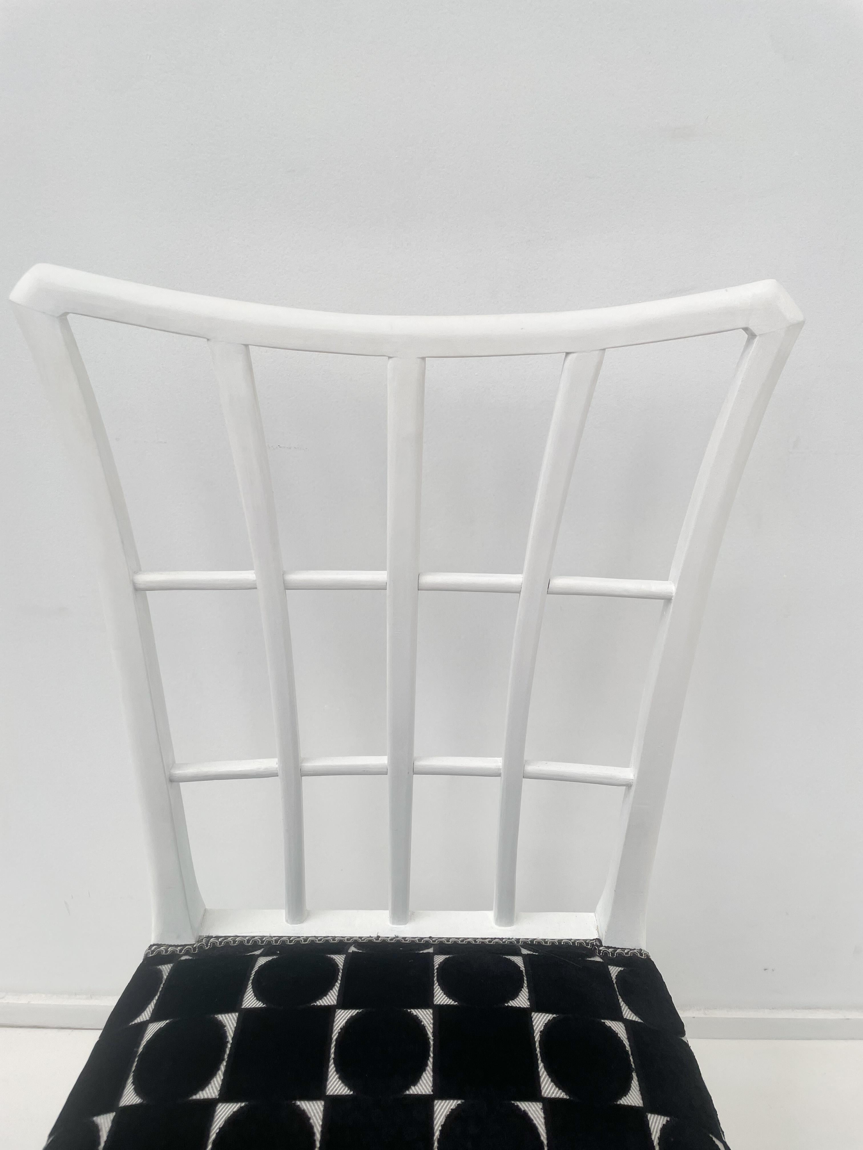 Set of 12 Art Deco Style Chairs, White Wood and Fabric For Sale 1