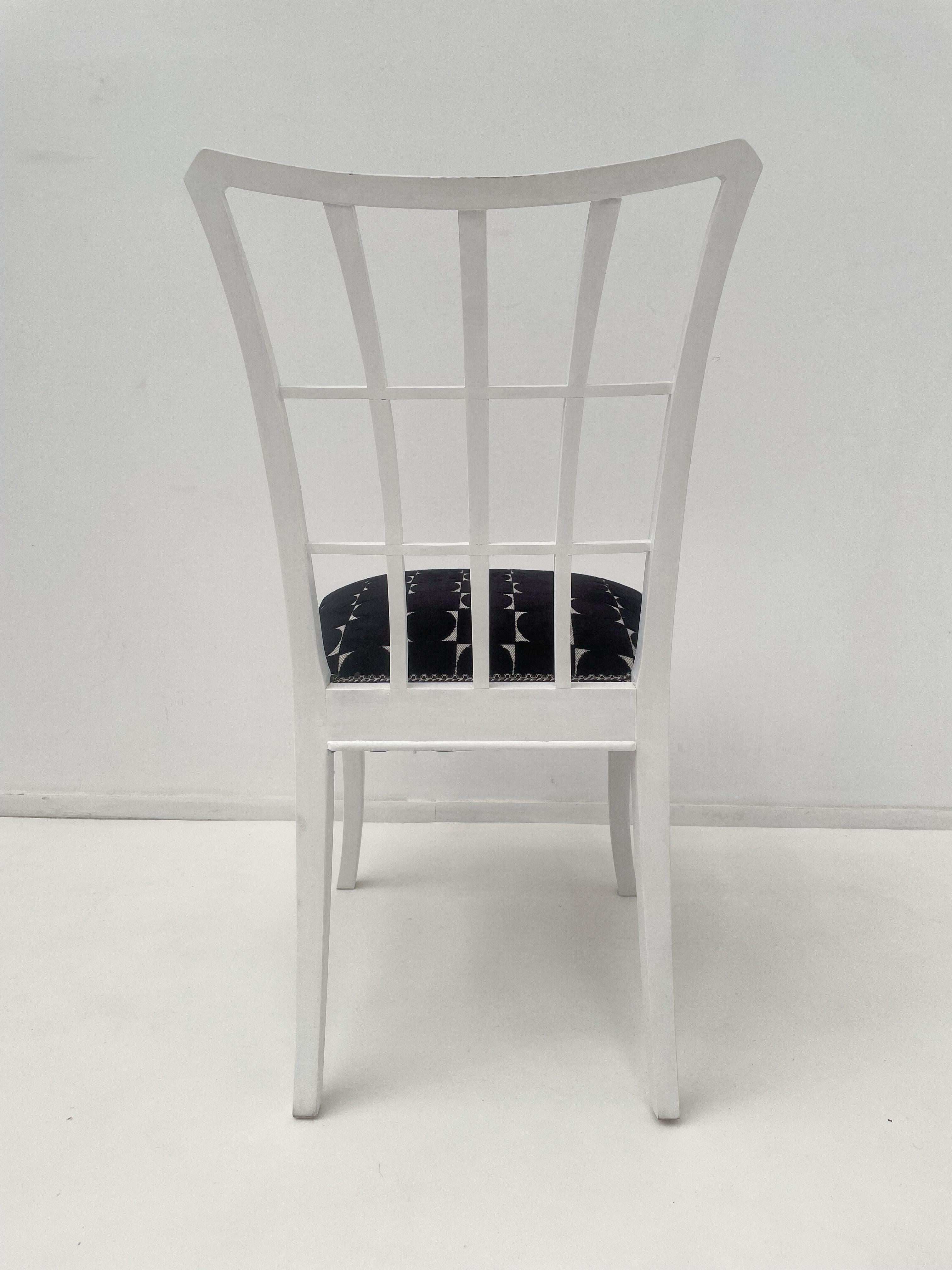 Set of 12 Art Deco Style Chairs, White Wood and Fabric For Sale 3