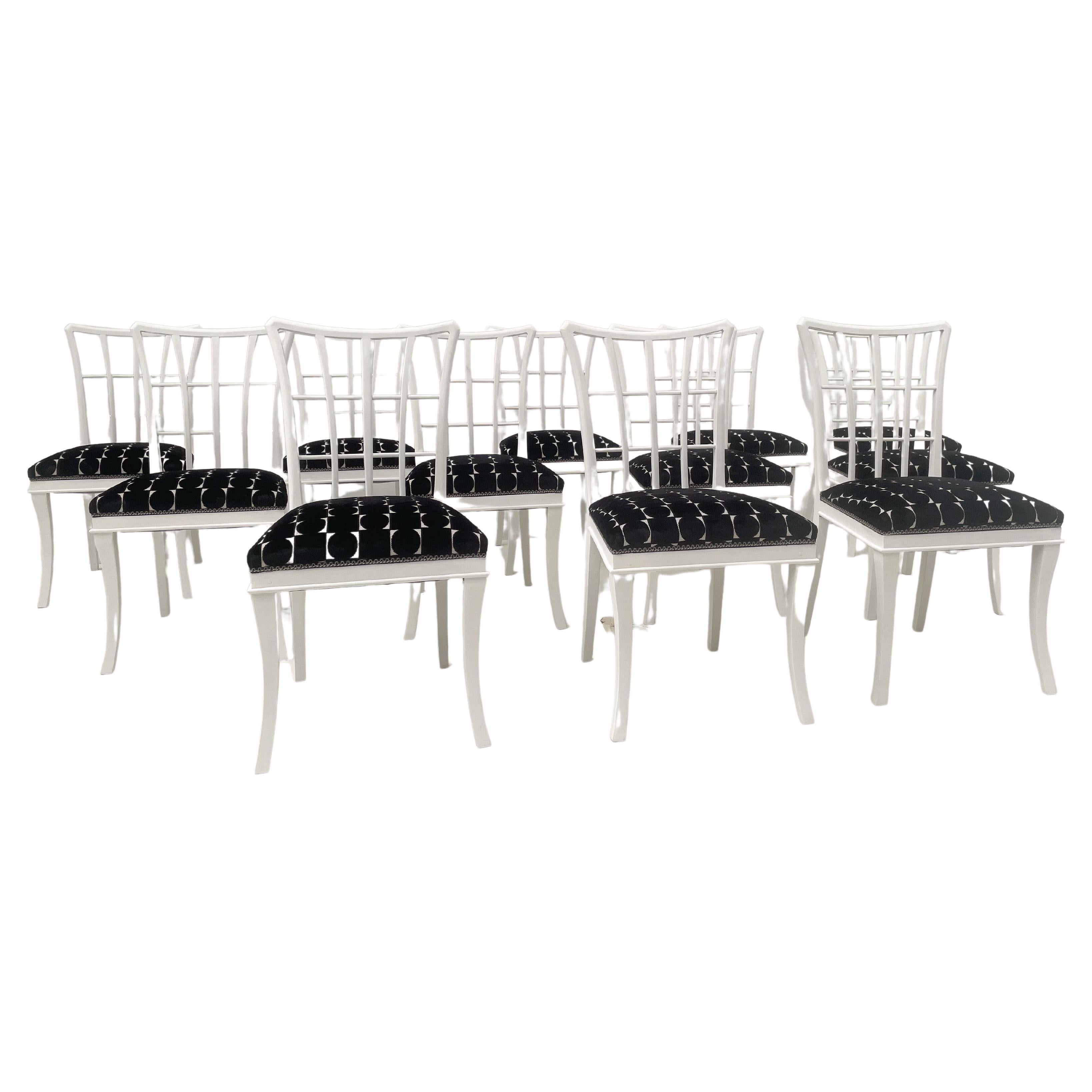 Set of 12 Art Deco Style Chairs, White Wood and Fabric For Sale