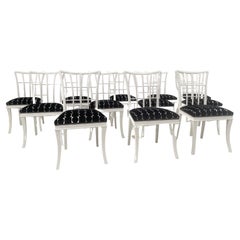 Set of 12 Art Deco Style Chairs, White Wood and Fabric