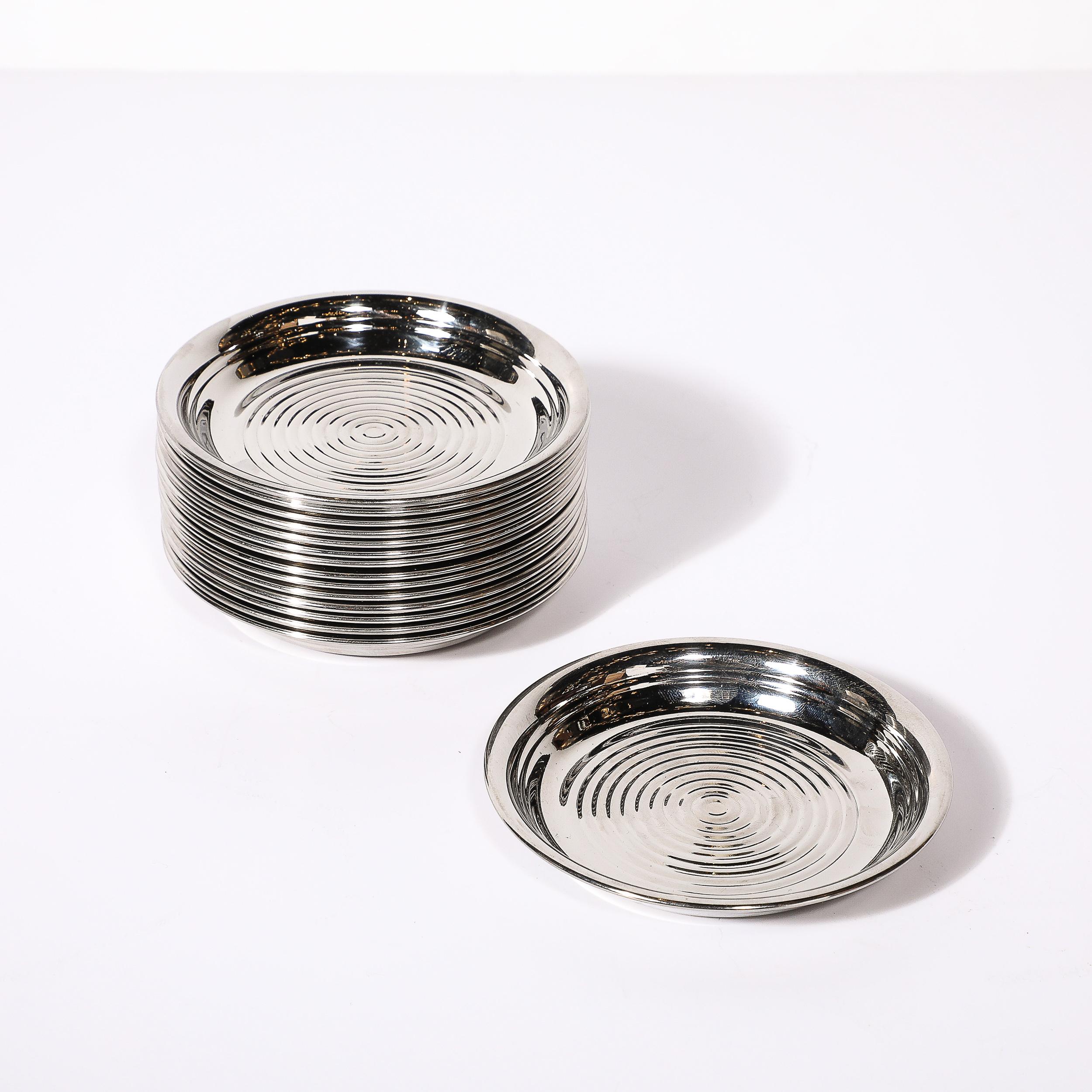 American Set of 12 Art Deco Style Machine Aged Polished Chrome Coaster Set