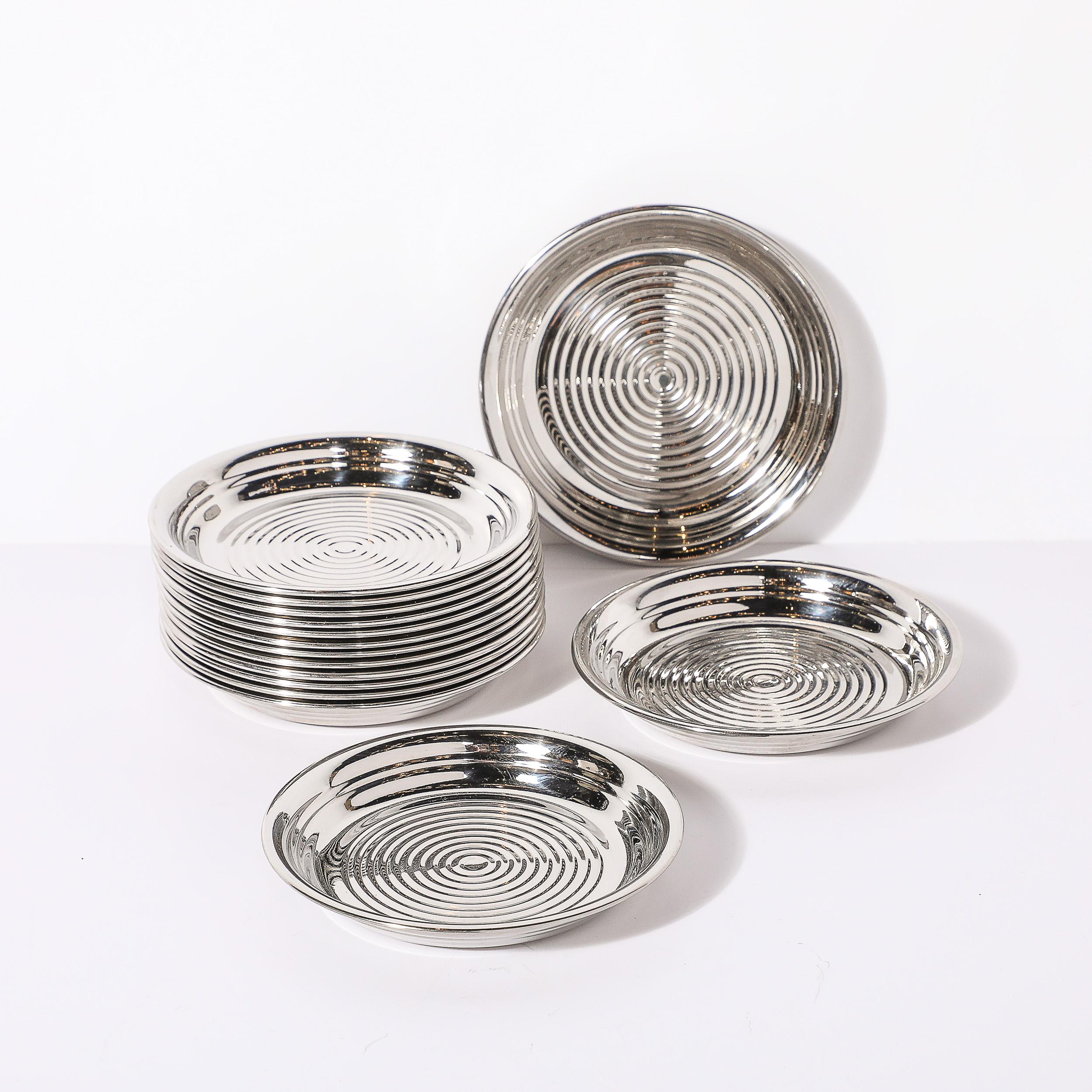 Set of 12 Art Deco Style Machine Aged Polished Chrome Coaster Set In Excellent Condition In New York, NY