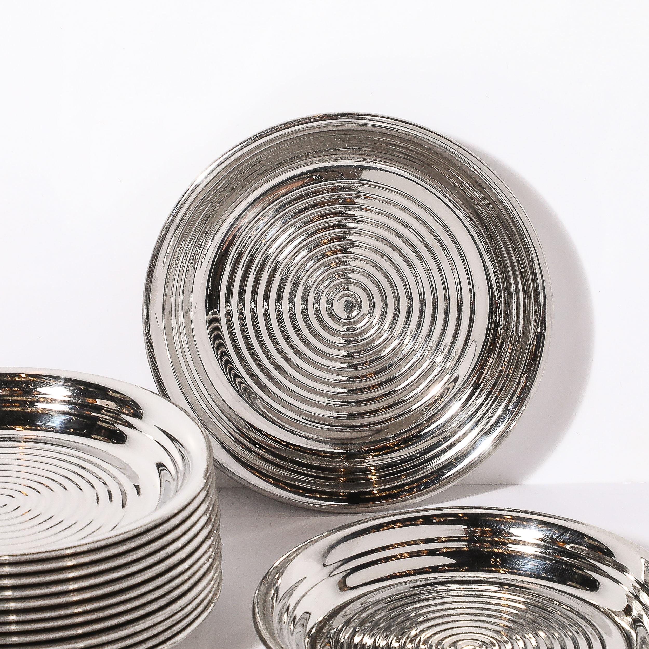 20th Century Set of 12 Art Deco Style Machine Aged Polished Chrome Coaster Set