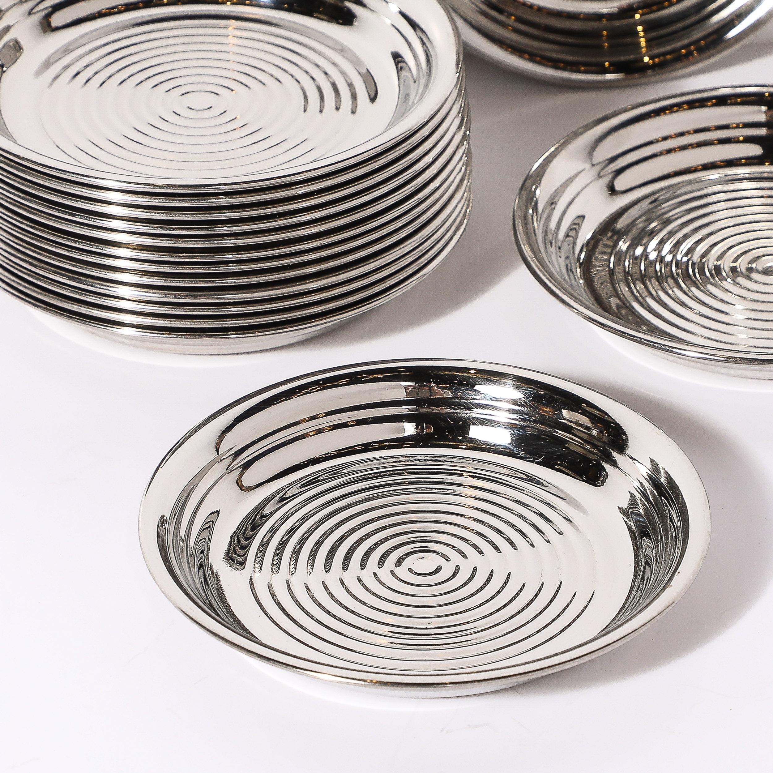 Set of 12 Art Deco Style Machine Aged Polished Chrome Coaster Set 1