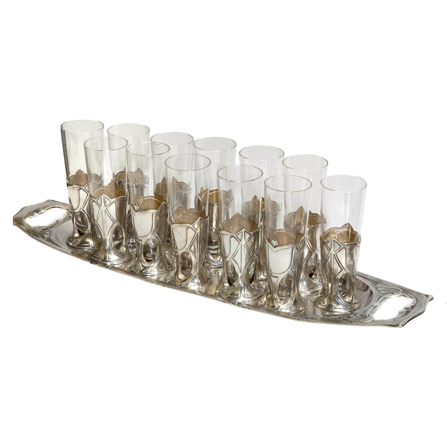 Set of 12 Art Nouveau Champagne Flutes in Silver Frames, circa 1890 For Sale