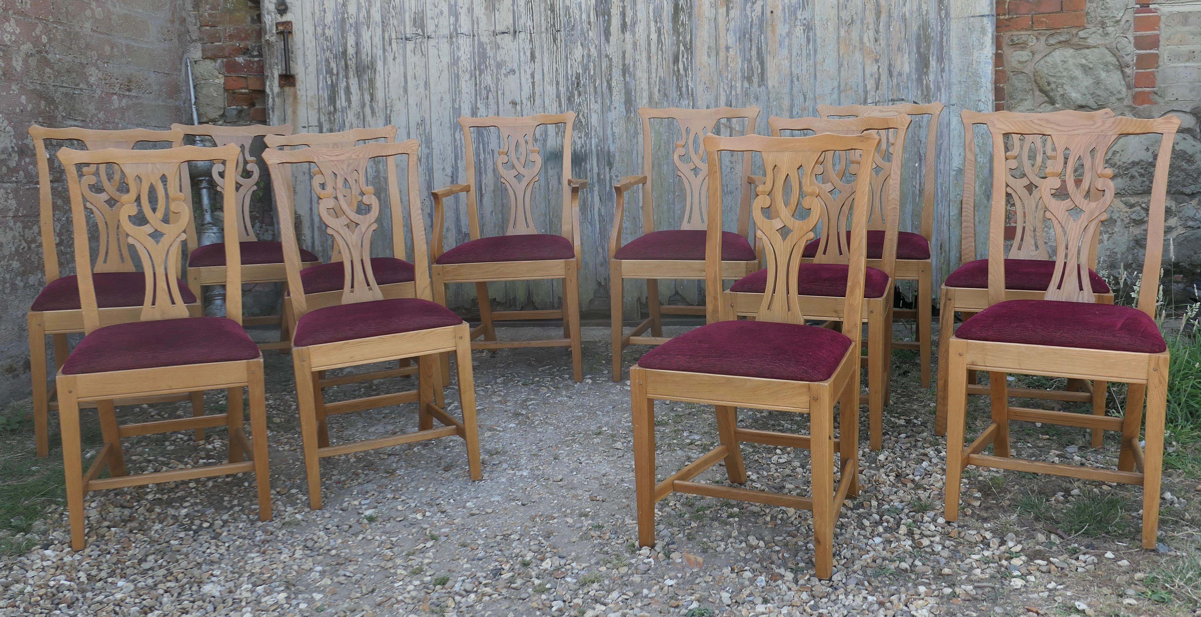 20th Century Set of 12 Arts and Crafts Golden Oak Chippendale Dining Chairs