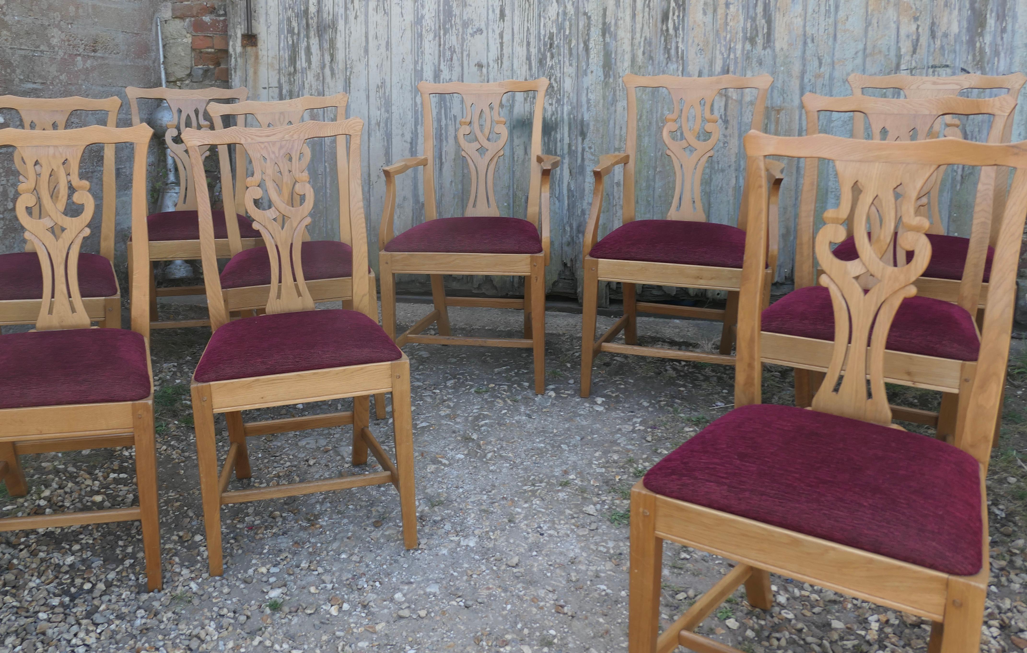 Set of 12 Arts and Crafts Golden Oak Chippendale Dining Chairs 1