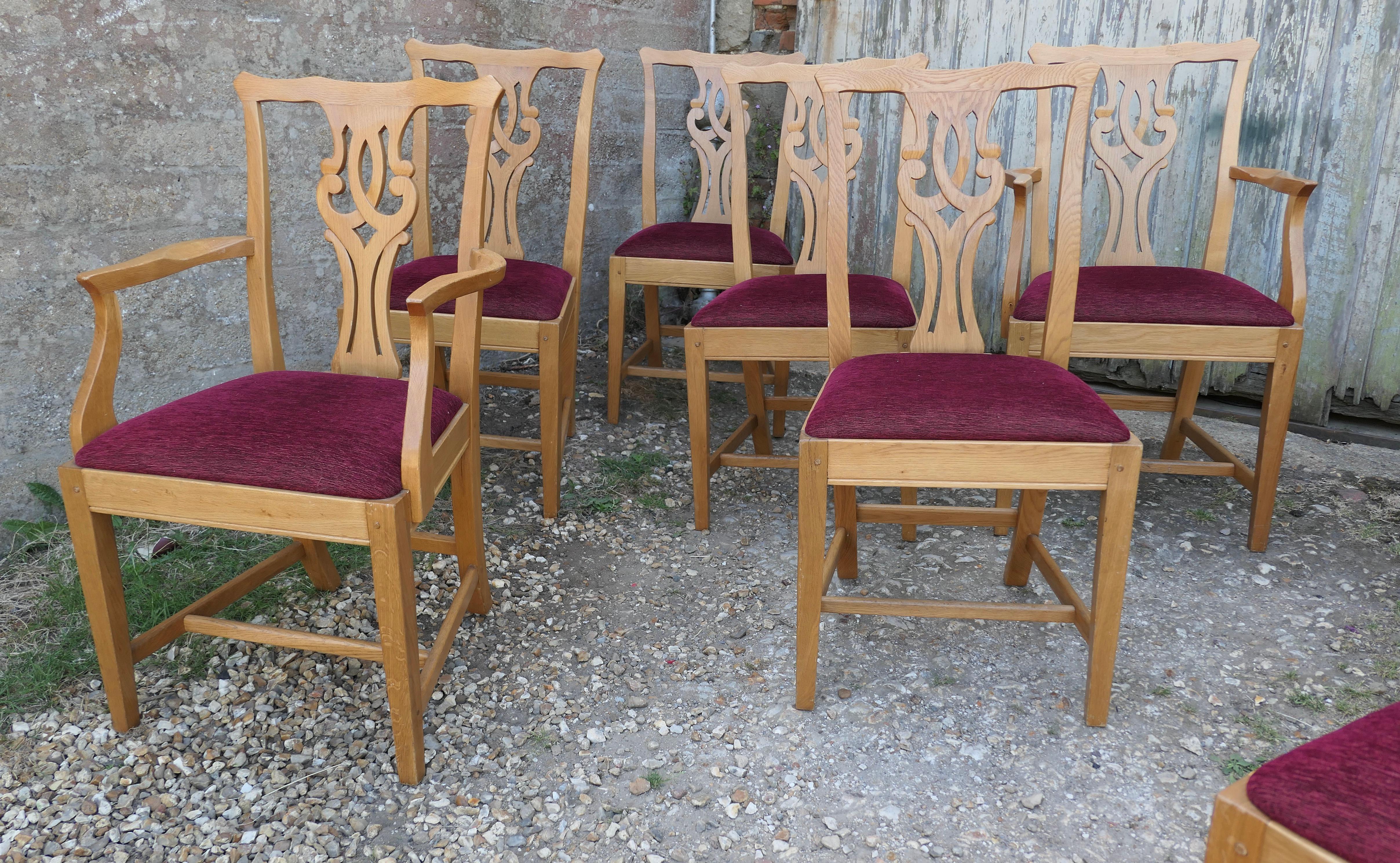Set of 12 Arts and Crafts Golden Oak Chippendale Dining Chairs 2