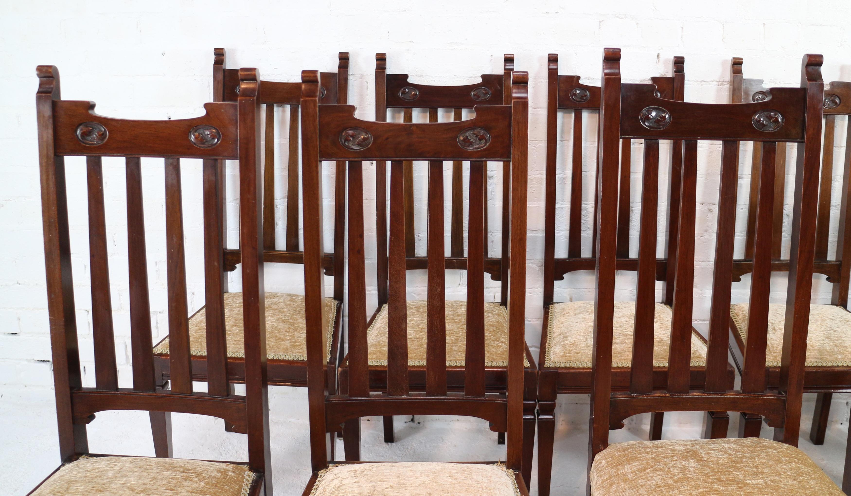 Fabric Set of 12 Arts & Crafts Walnut Dining Chairs
