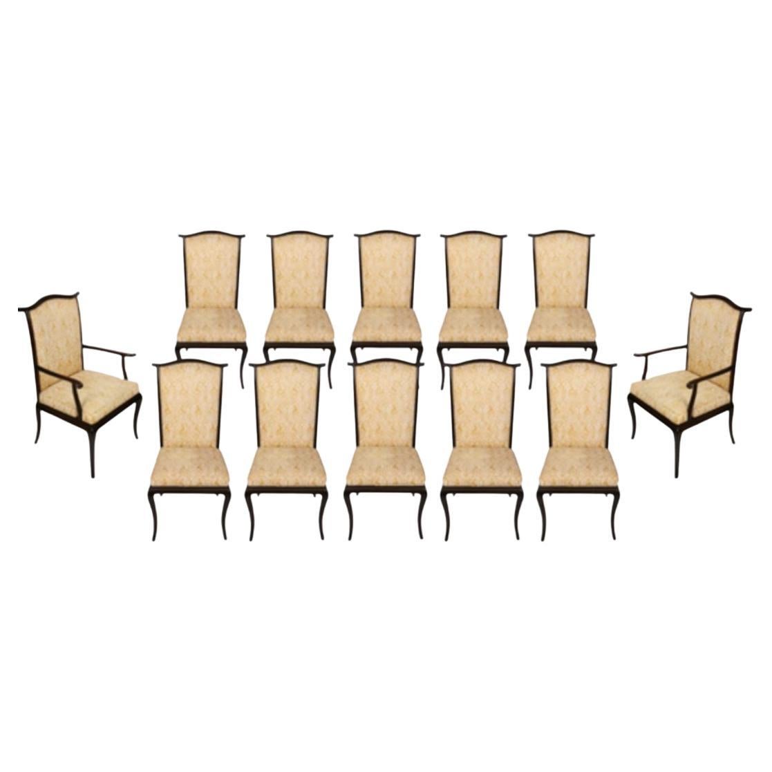 Ensemble de 12 chaises de salle à manger vintage d'inspiration asiatique en tissu jaune Fortuny en vente
