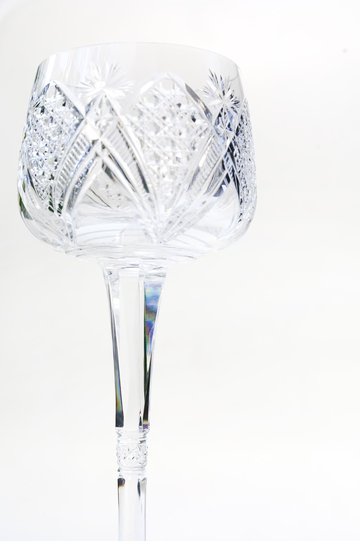 Baccarat Elbeuf service was first introduced in 1908 and presented at the International Exhibition in Nancy, France in 1909. Specially ordered in 1920 by the Maharaja of Baroda. This set of 6 signed Baccarat glasses are hand blown clear crystal and