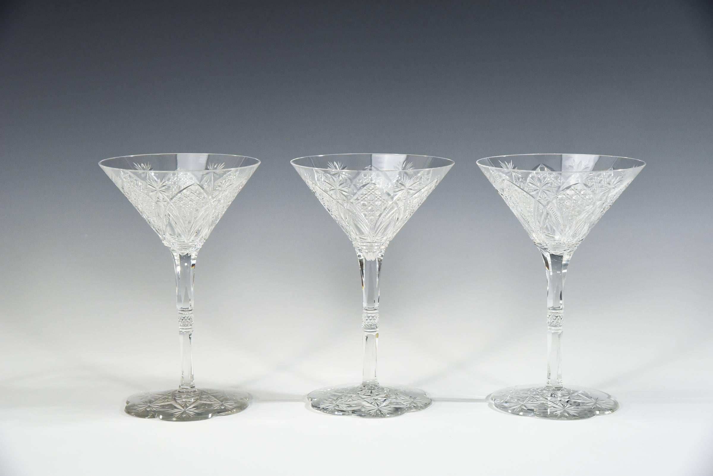 Mid-20th Century Set of 12 Baccarat Hand Blown Elbeuf Cut Crystal Martini Champagne Goblets For Sale