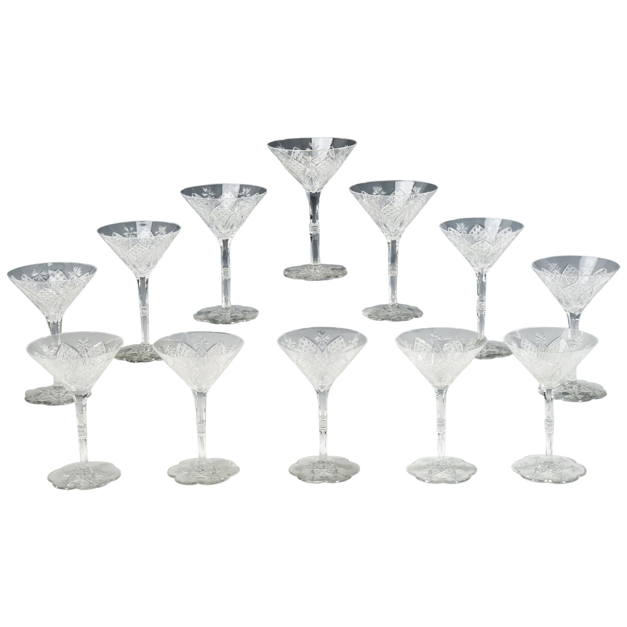 Set of 12 Baccarat Hand Blown Elbeuf Cut Crystal Martini Champagne Goblets